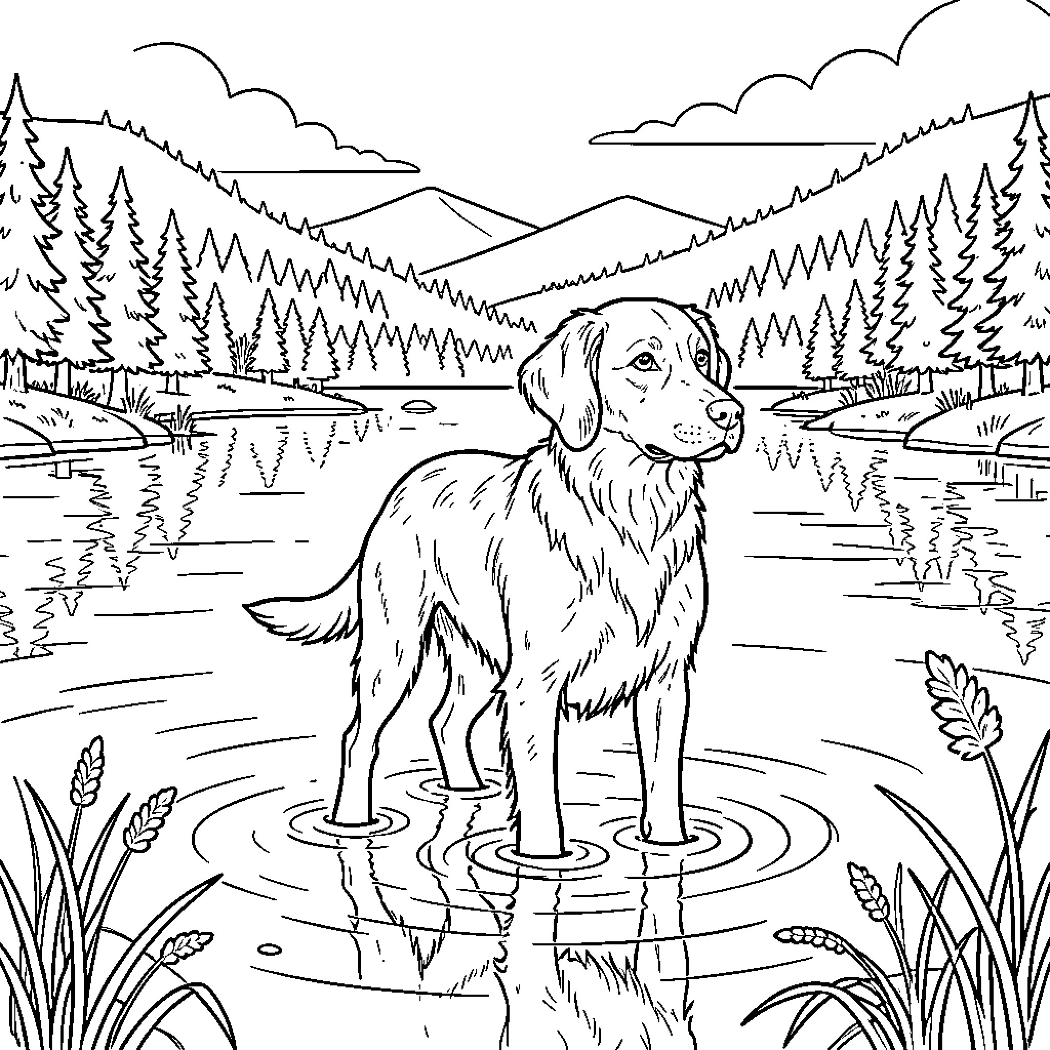 Pointer standing calmly in a peaceful lake Coloring Page (free black-and-white line drawing printable PDF for all, from beginners to advanced learners, including children, teens, adults, and seniors)