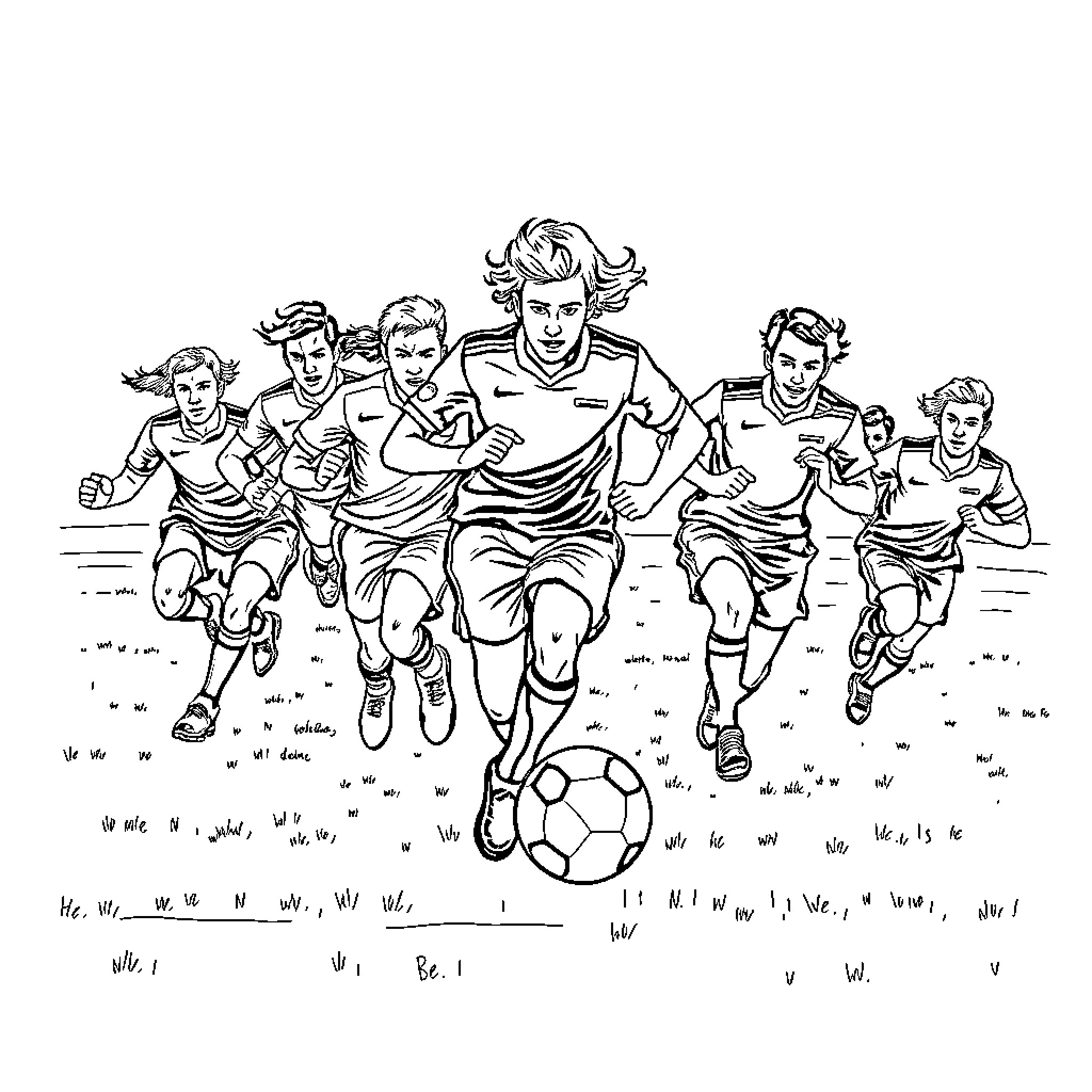 Footballers running on the field with ball Coloring Page (free black-and-white line drawing printable PDF for all, from beginners to advanced learners, including children, teens, adults, and seniors)