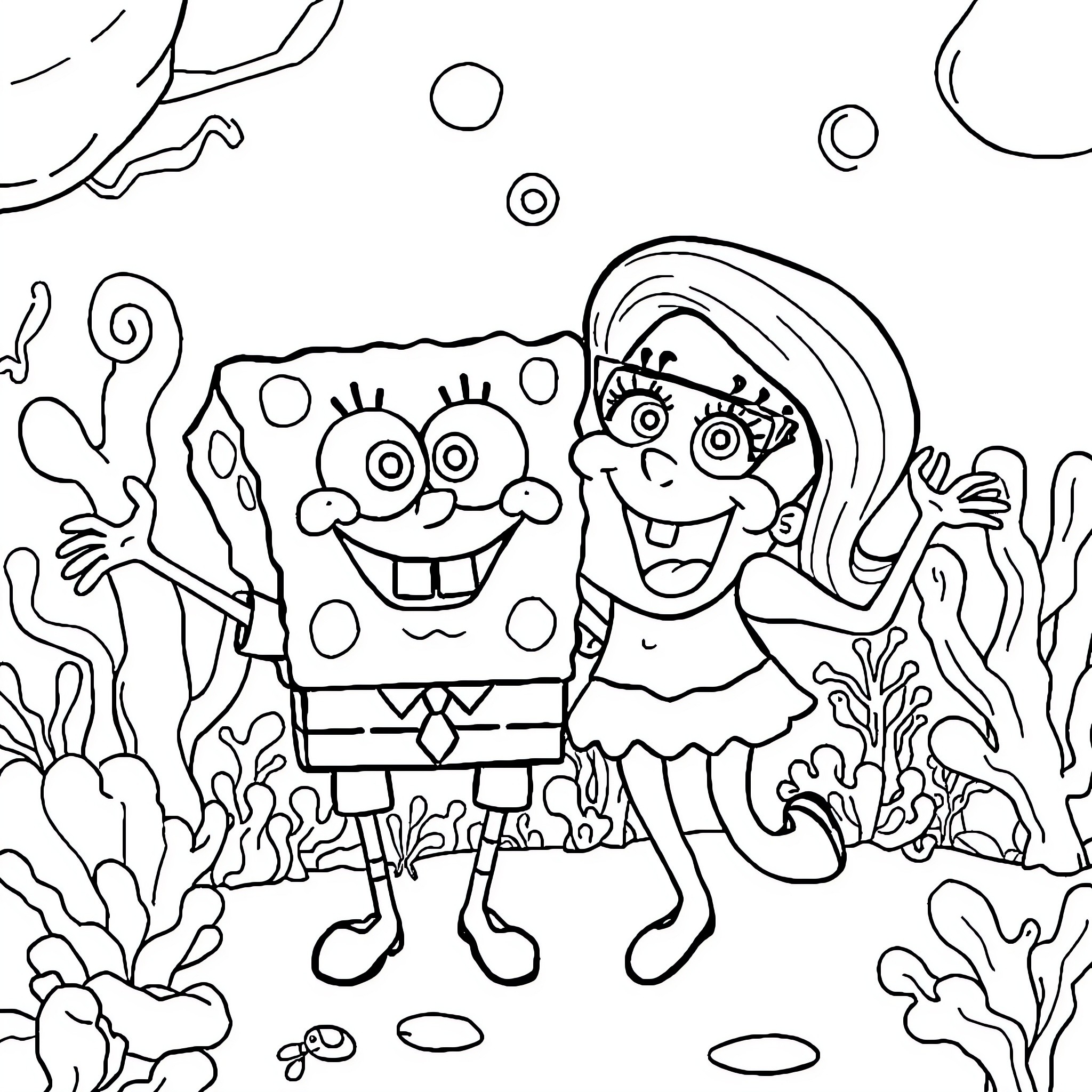 Spongebob and Sandy underwater adventure Coloring Page (free black-and-white line drawing printable PDF for all, from beginners to advanced learners, including children, teens, adults, and seniors)