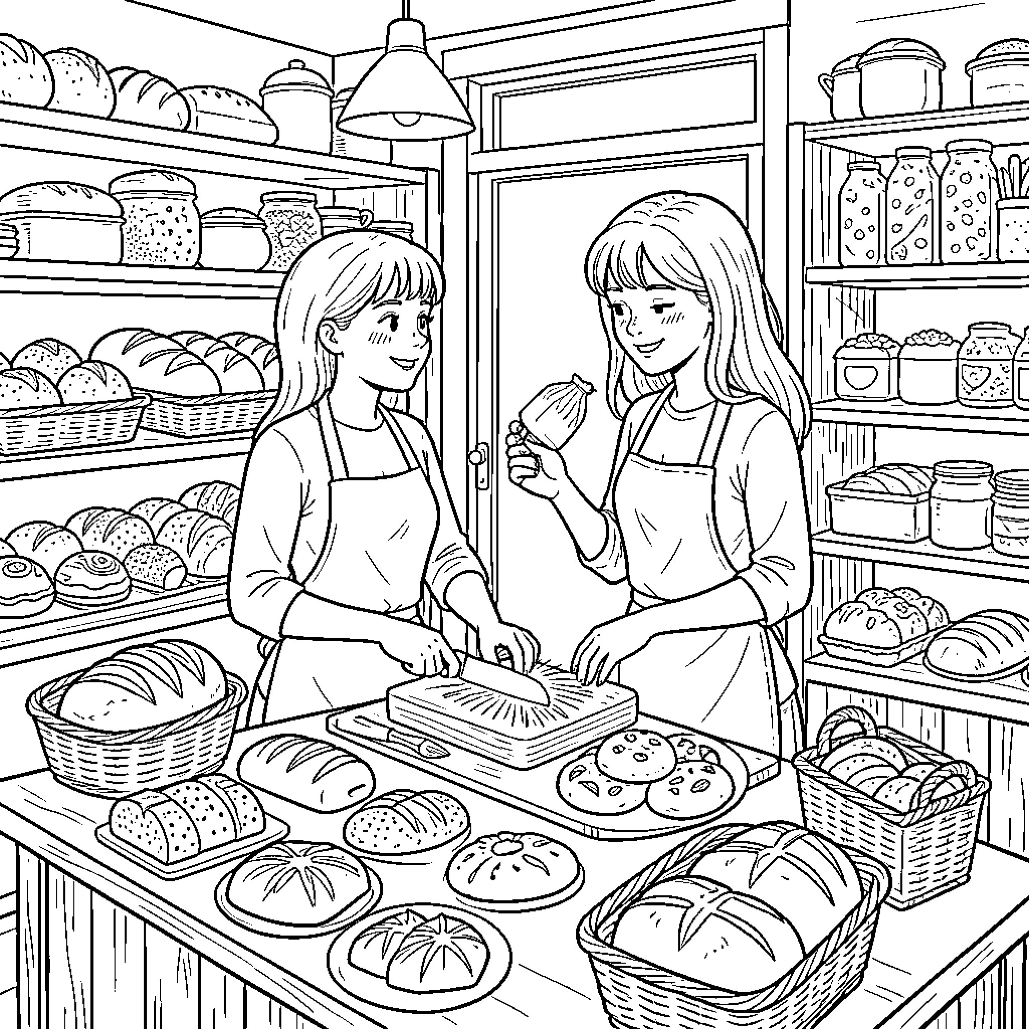 Baker Friends Baking Together in the Bakery Coloring Page (free black-and-white line drawing printable PDF for all, from beginners to advanced learners, including children, teens, adults, and seniors)