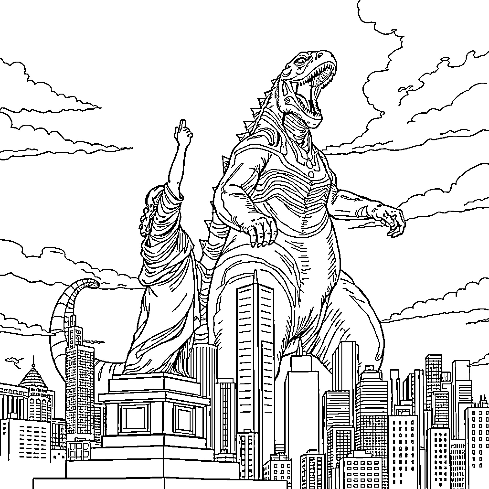 Statue Of Liberty Meets Giant Monster in City Skyline Coloring Page (free black-and-white line drawing printable PDF for all, from beginners to advanced learners, including children, teens, adults, and seniors)