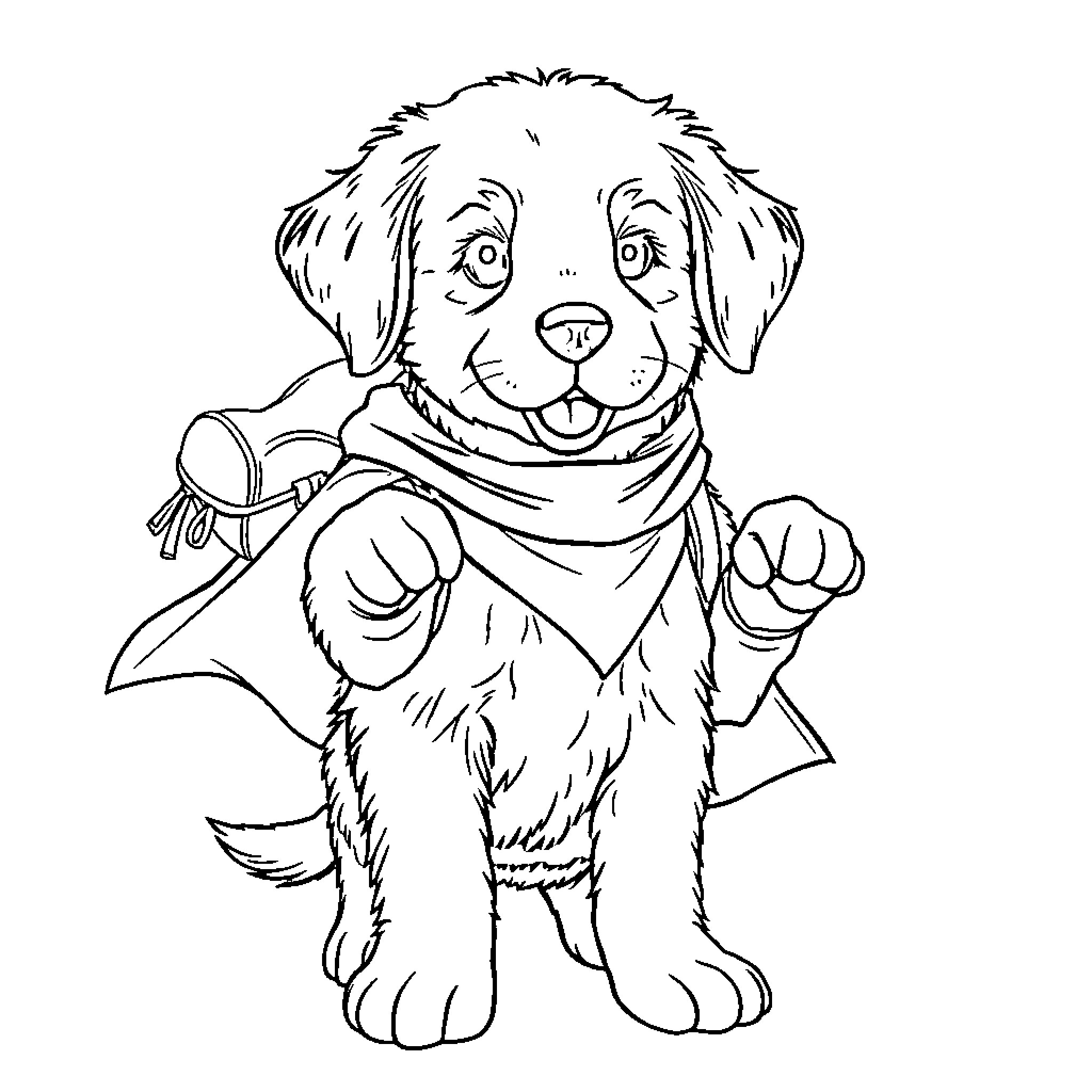 Golden Retriever puppy wearing scarf Coloring Page (free black-and-white line drawing printable PDF for all, from beginners to advanced learners, including children, teens, adults, and seniors)