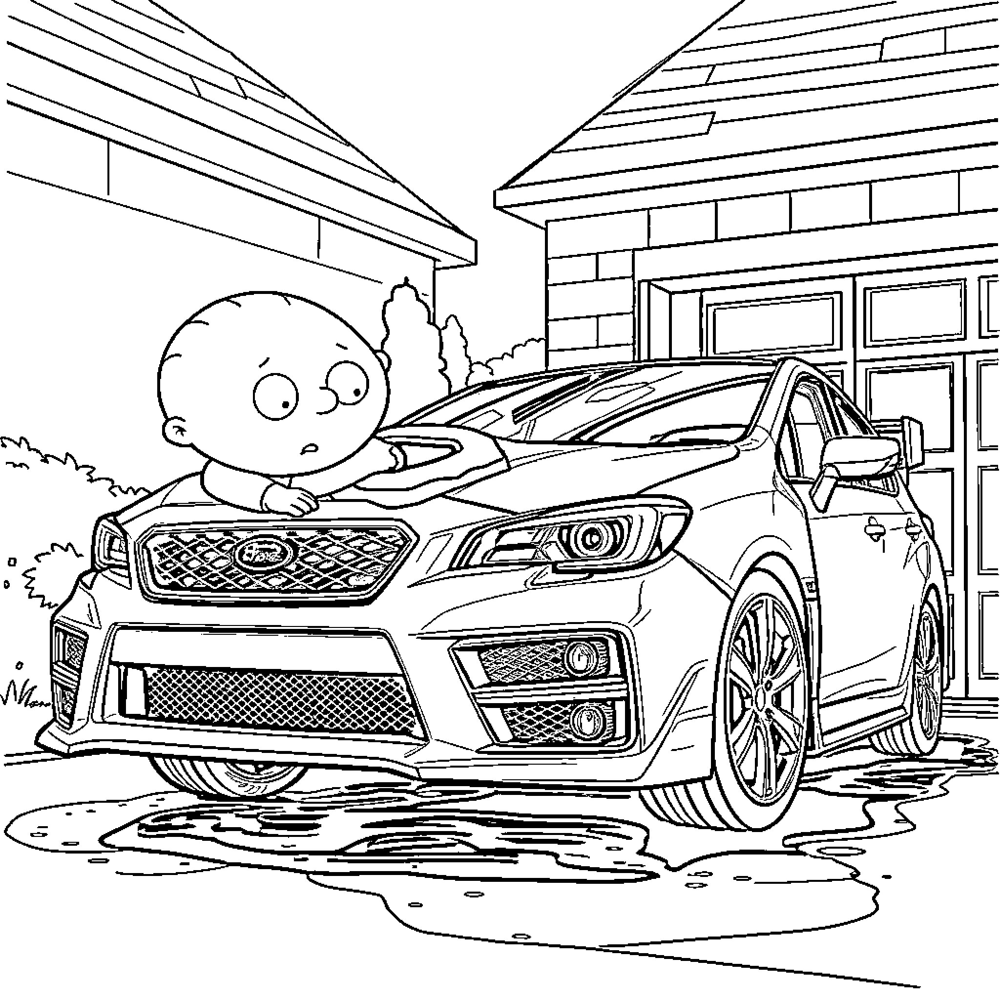 Stewie Griffin inspects a car in the driveway Coloring Page (free black-and-white line drawing printable PDF for all, from beginners to advanced learners, including children, teens, adults, and seniors)