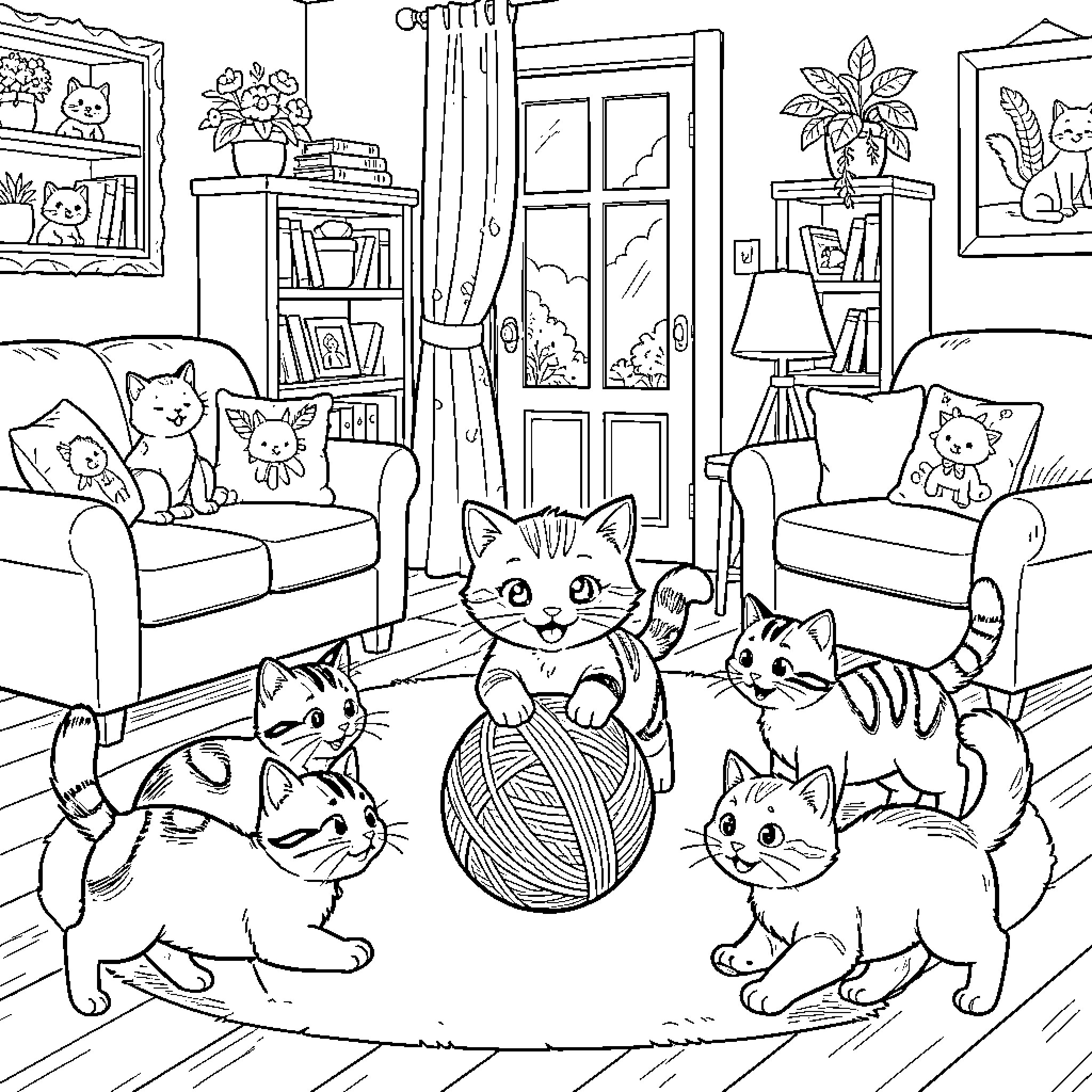 Gatito's Cozy Kitty Corner: Feline Frolics and Furry Finds Coloring Page (free black-and-white line drawing printable PDF for all, from beginners to advanced learners, including children, teens, adults, and seniors)