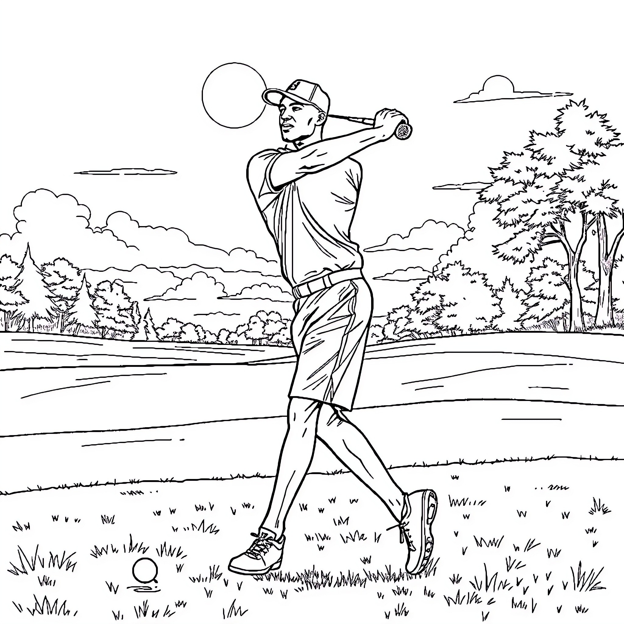 Michael Jordan golfing on a scenic course Coloring Page (free black-and-white line drawing printable PDF for all, from beginners to advanced learners, including children, teens, adults, and seniors)