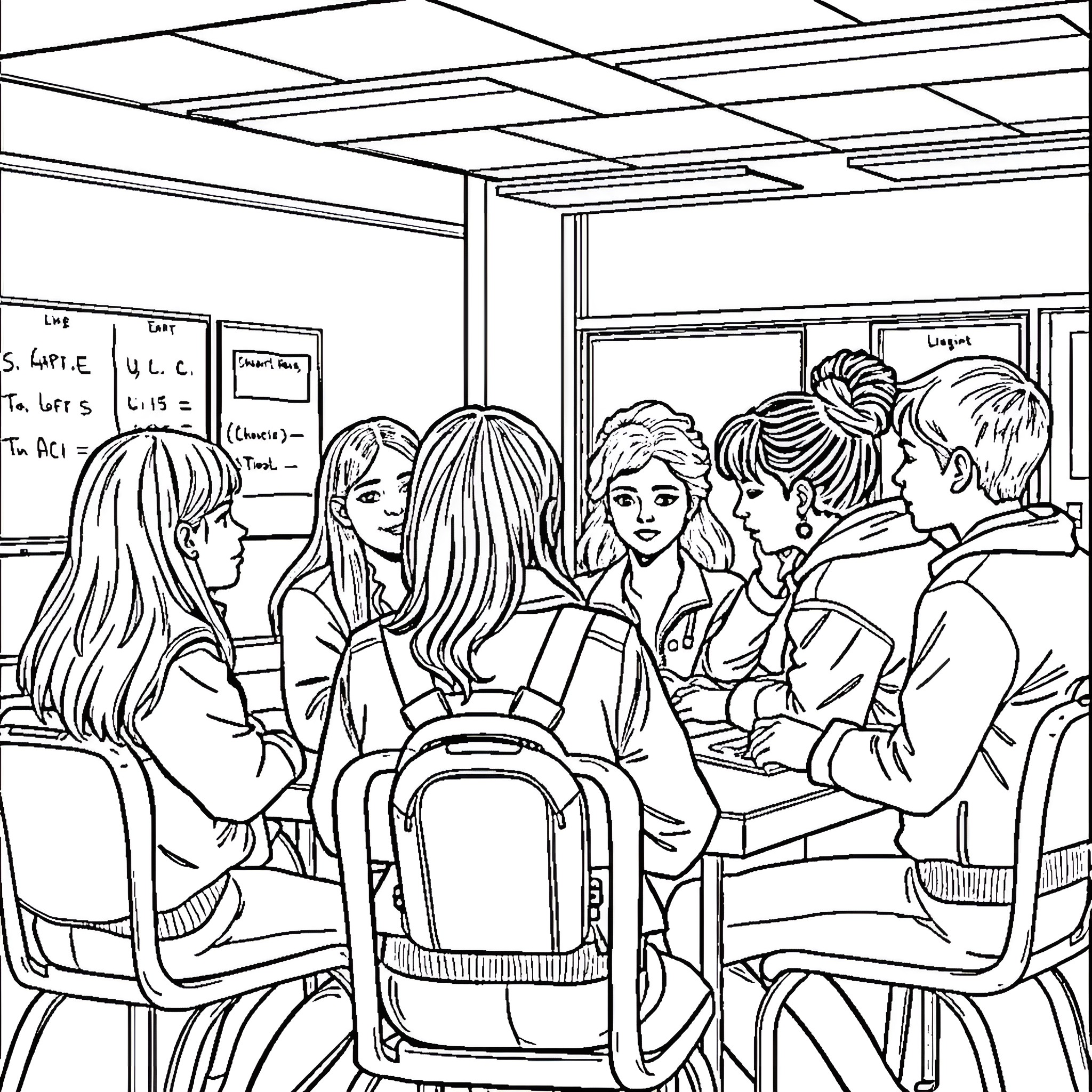 Fccla group discussion in the classroom Coloring Page (free black-and-white line drawing printable PDF for all, from beginners to advanced learners, including children, teens, adults, and seniors)