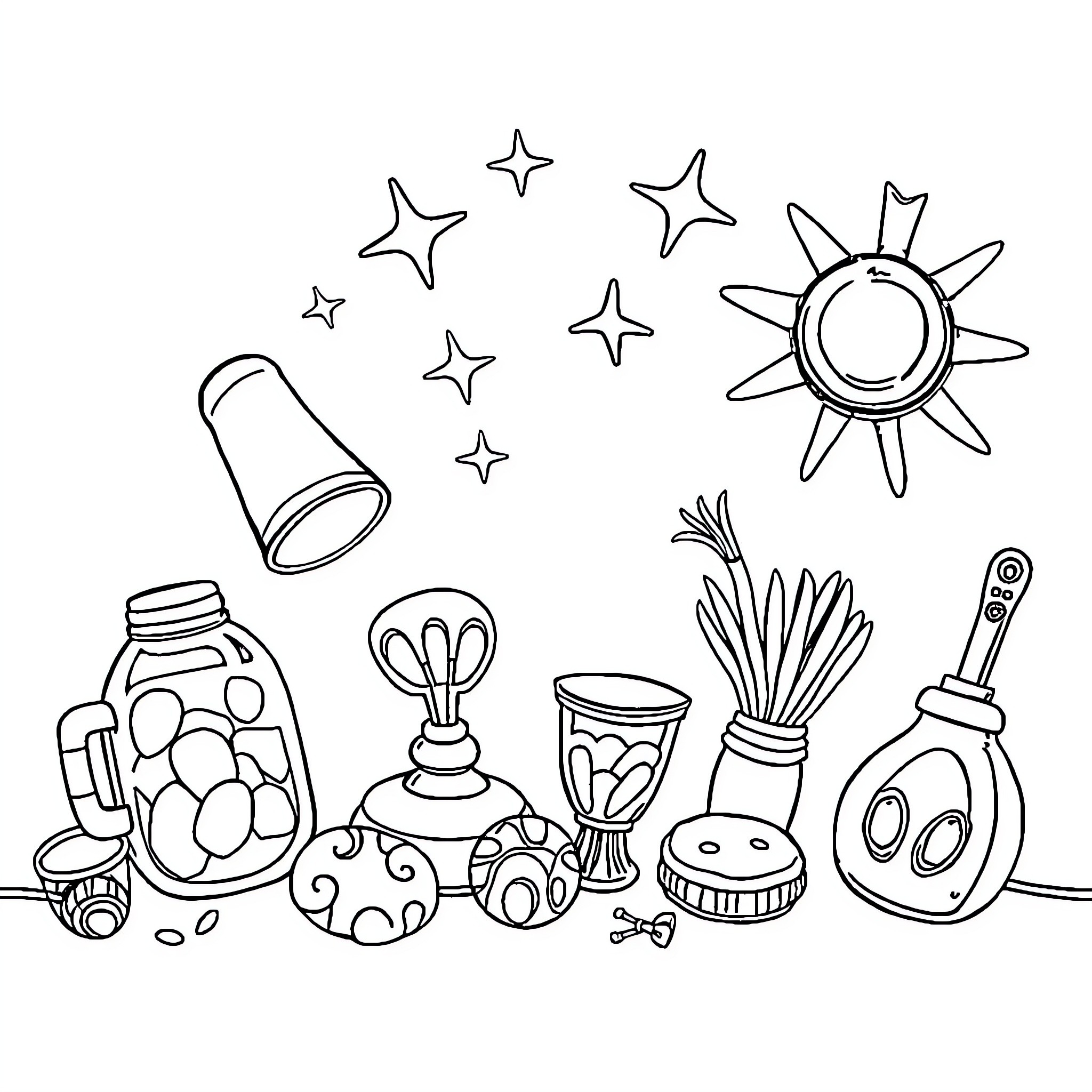 Item with various artistic objects and elements Coloring Page (free black-and-white line drawing printable PDF for all, from beginners to advanced learners, including children, teens, adults, and seniors)
