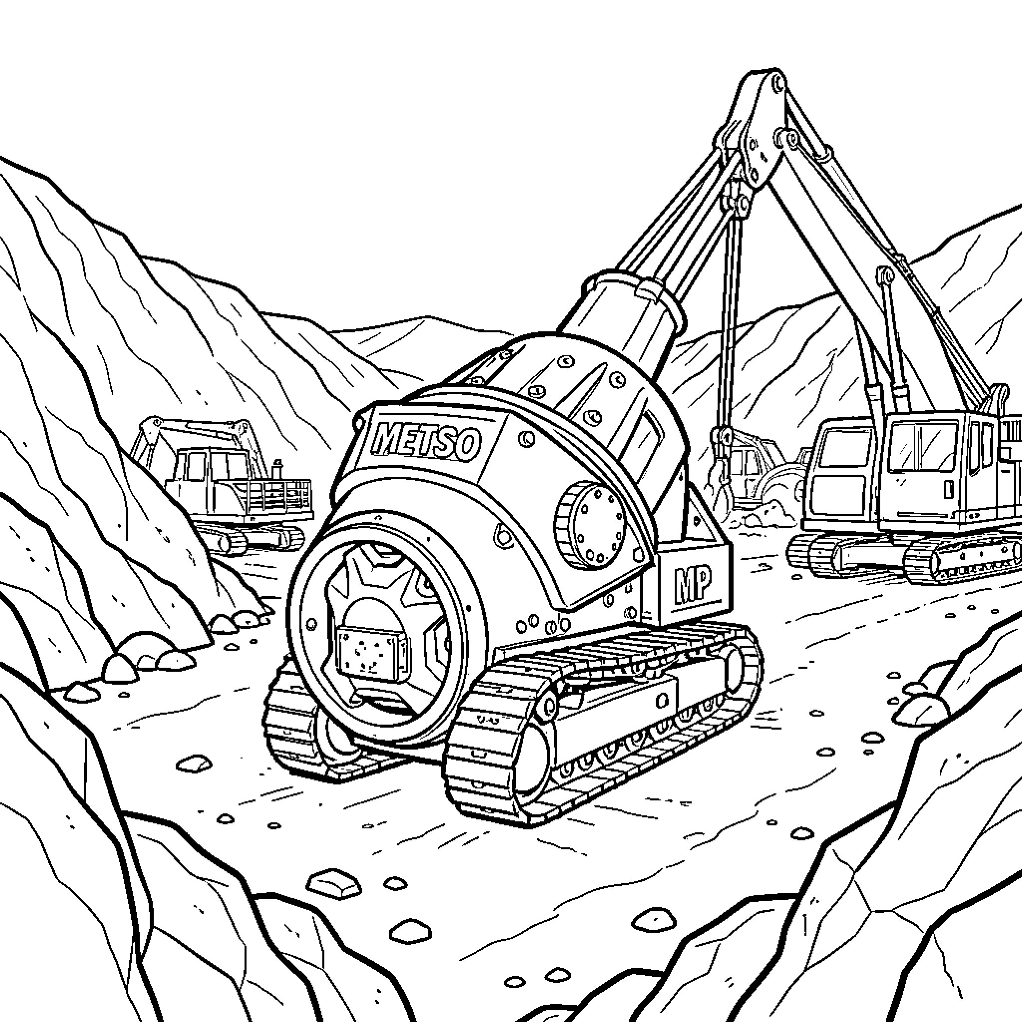 Cone Crusher at Work in Rugged Terrain Coloring Page (free black-and-white line drawing printable PDF for all, from beginners to advanced learners, including children, teens, adults, and seniors)