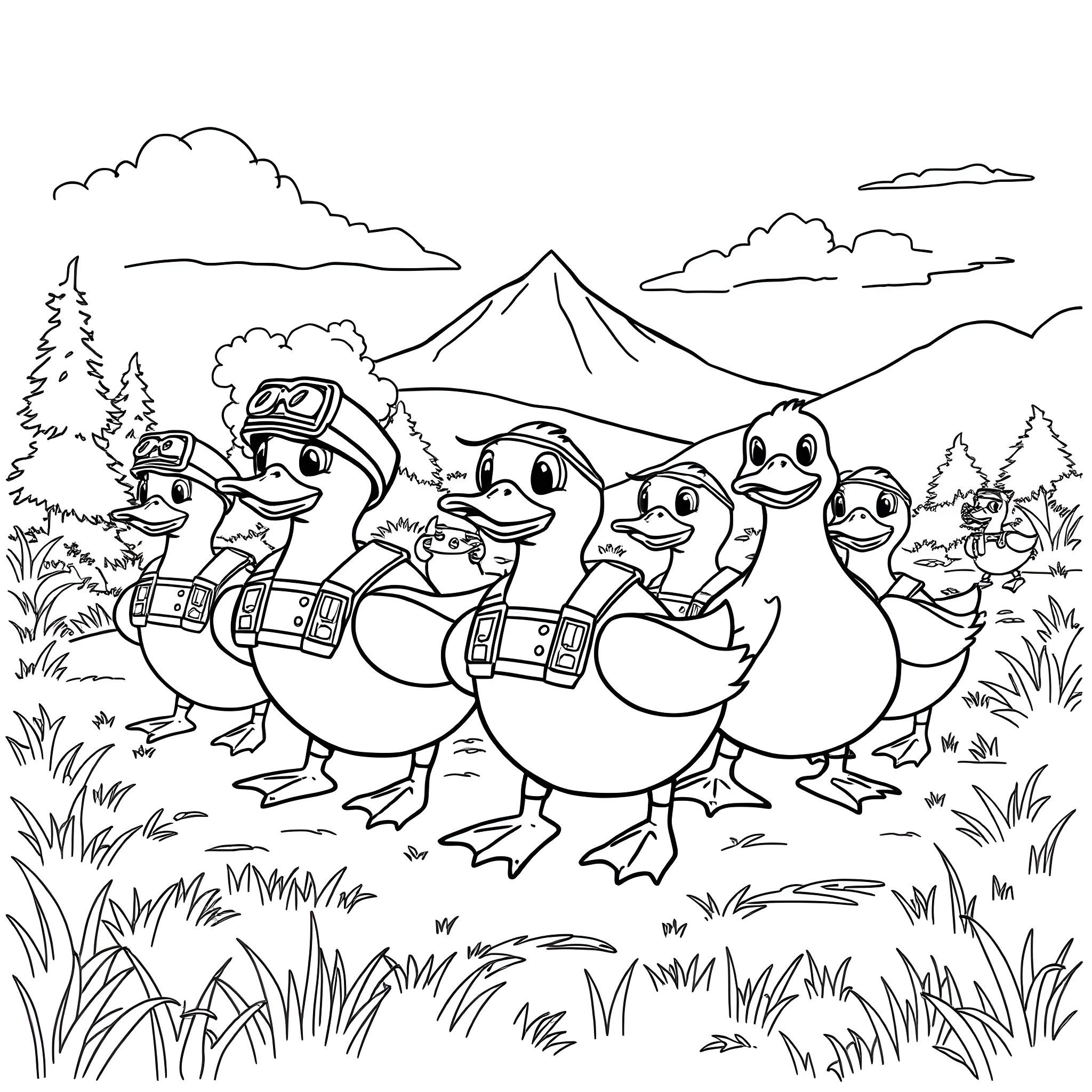 Ducks in Adventure Gear Exploring the Mountains Coloring Page (free black-and-white line drawing printable PDF for all, from beginners to advanced learners, including children, teens, adults, and seniors)