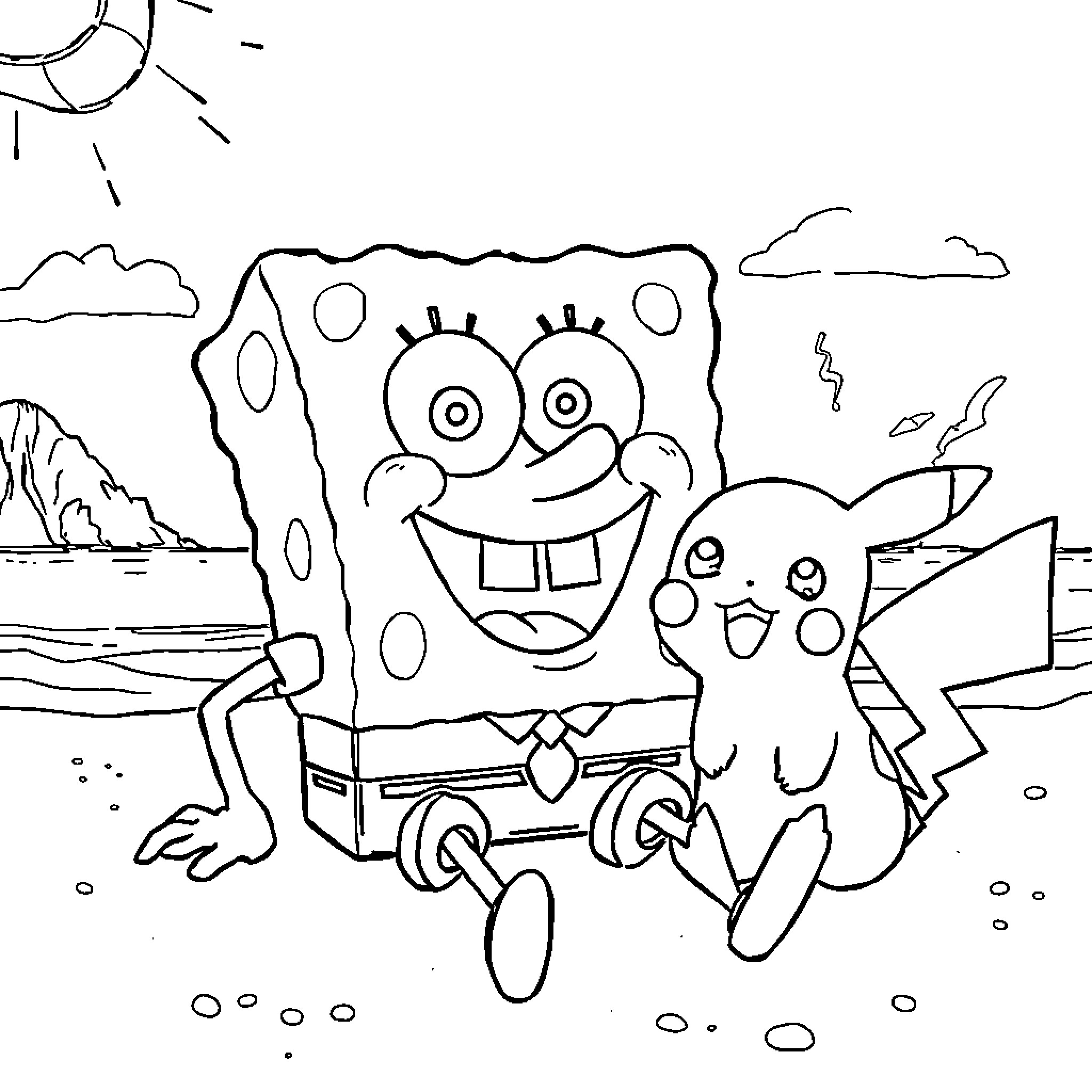 Spongebob and Pikachu enjoying the beach Coloring Page (free black-and-white line drawing printable PDF for all, from beginners to advanced learners, including children, teens, adults, and seniors)