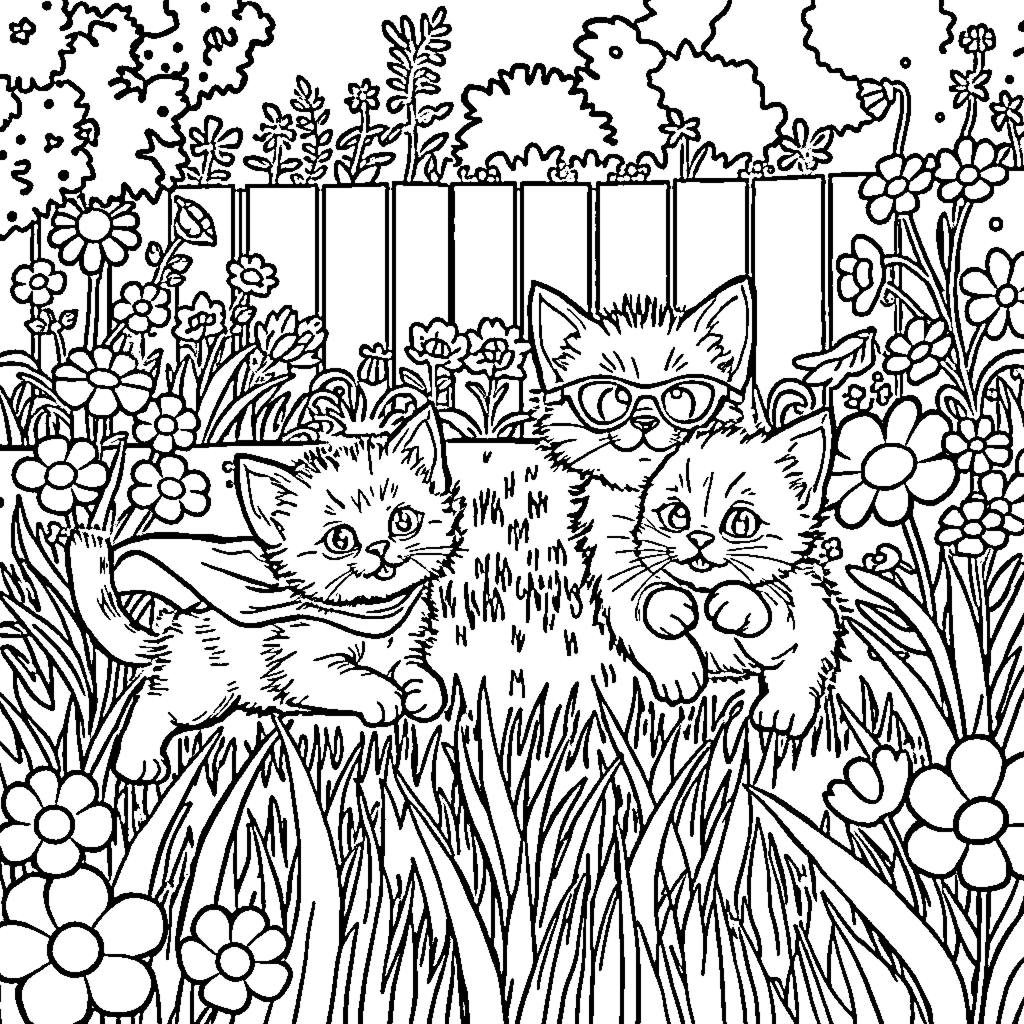 Kittens playing in the flower garden Coloring Page (free black-and-white line drawing printable PDF for all, from beginners to advanced learners, including children, teens, adults, and seniors)