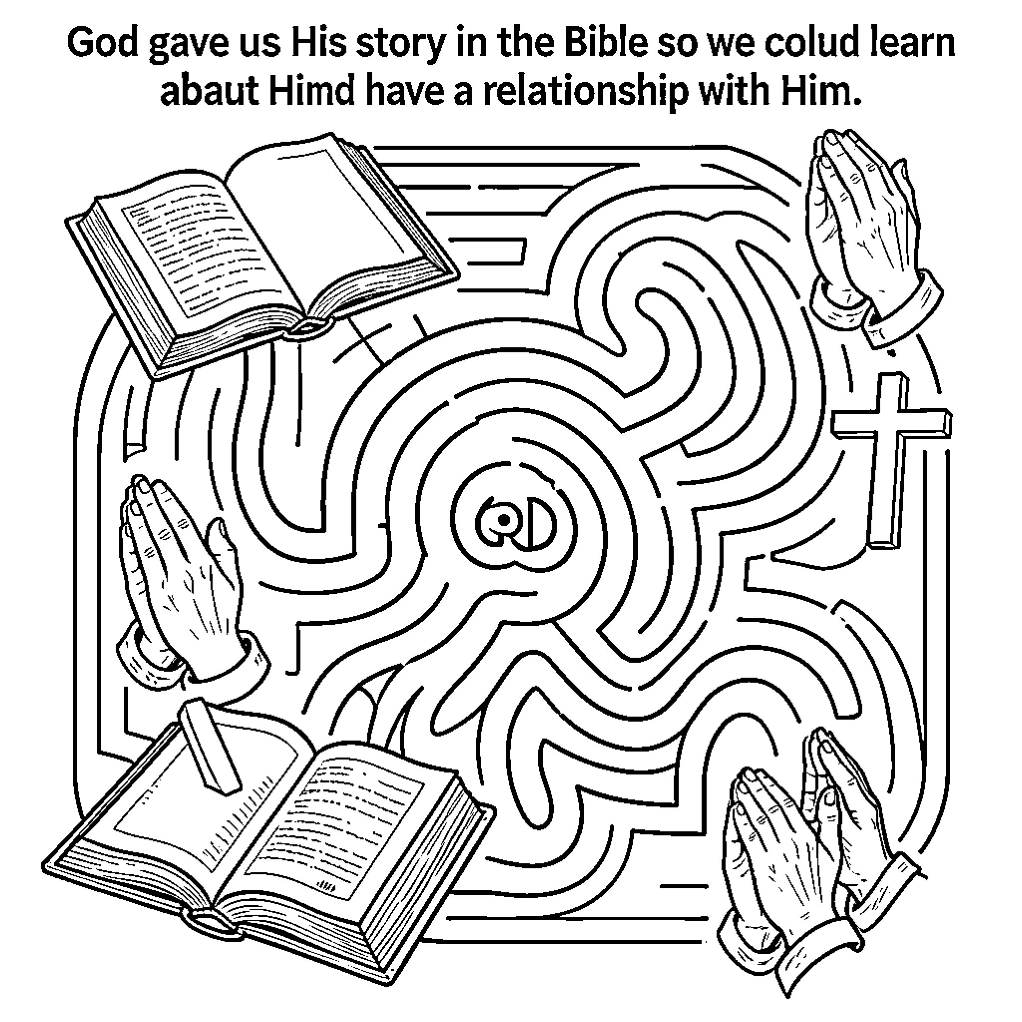 Bible study with praying hands and a cross Coloring Page (free black-and-white line drawing printable PDF for all, from beginners to advanced learners, including children, teens, adults, and seniors)
