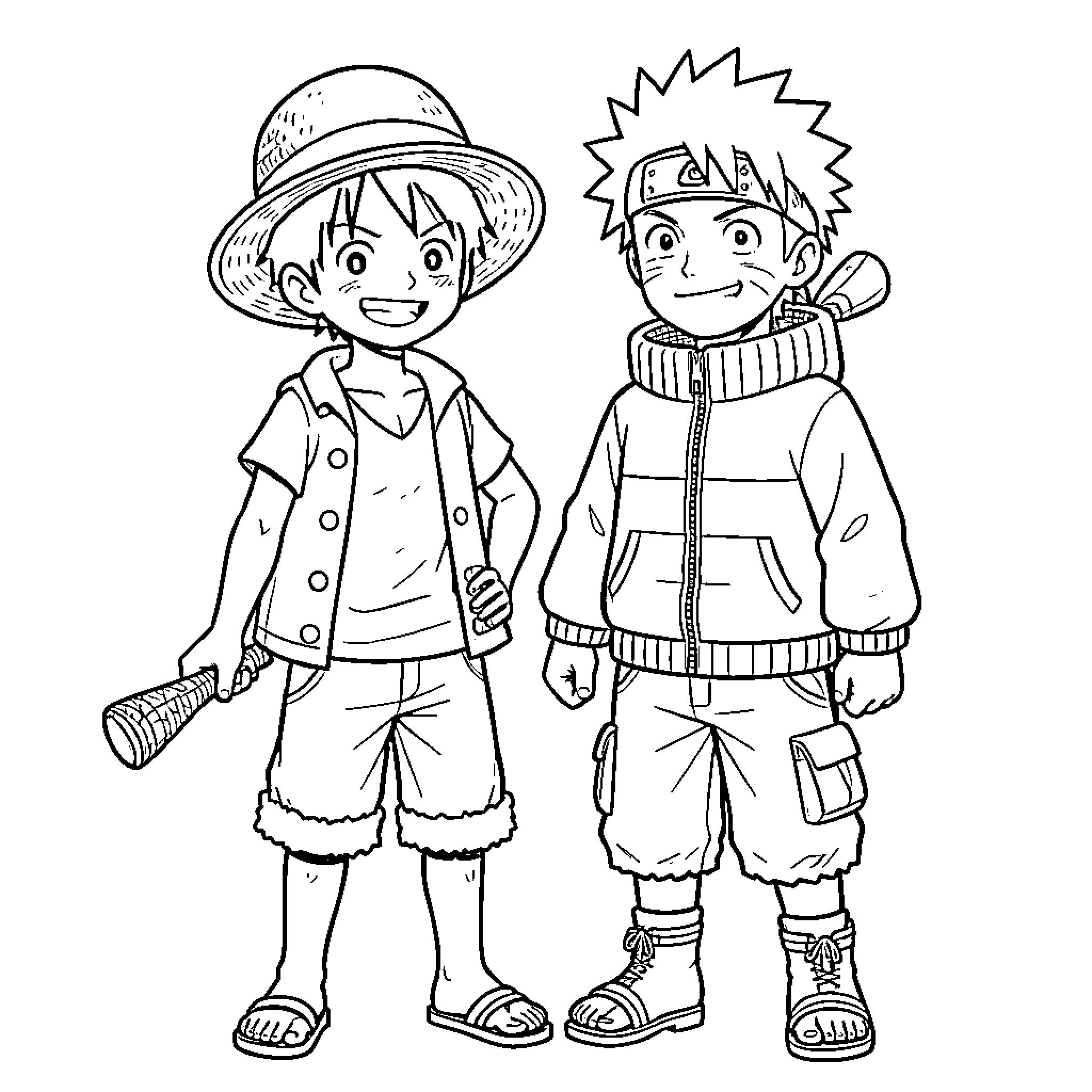 Luffy and Naruto standing together smiling side by side Coloring Page (free black-and-white line drawing printable PDF for all, from beginners to advanced learners, including children, teens, adults, and seniors)