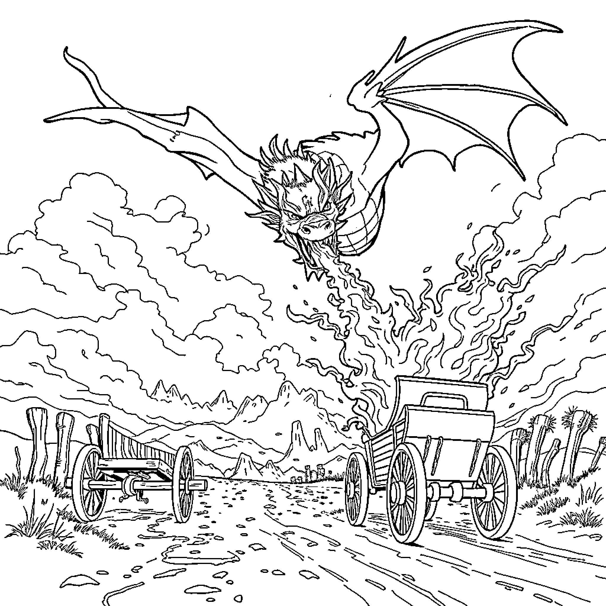 Dragon unleashing fiery breath over rural landscape Coloring Page (free black-and-white line drawing printable PDF for all, from beginners to advanced learners, including children, teens, adults, and seniors)