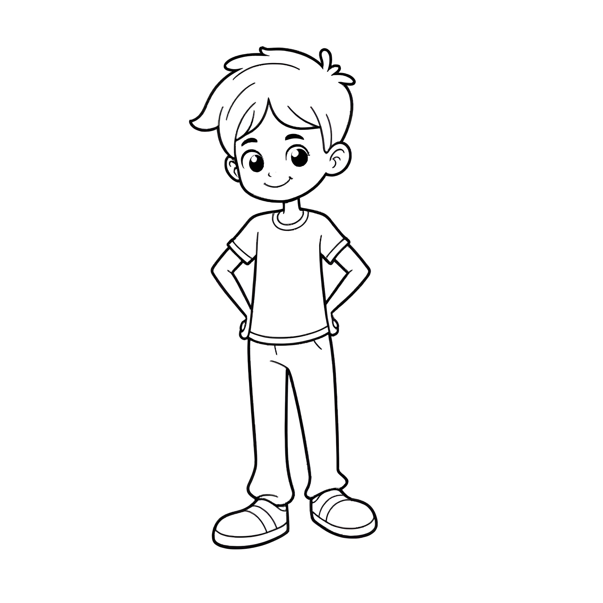Boy Standing with Hands on Hips in Simple Outfit Coloring Page (free black-and-white line drawing printable PDF for all, from beginners to advanced learners, including children, teens, adults, and seniors)