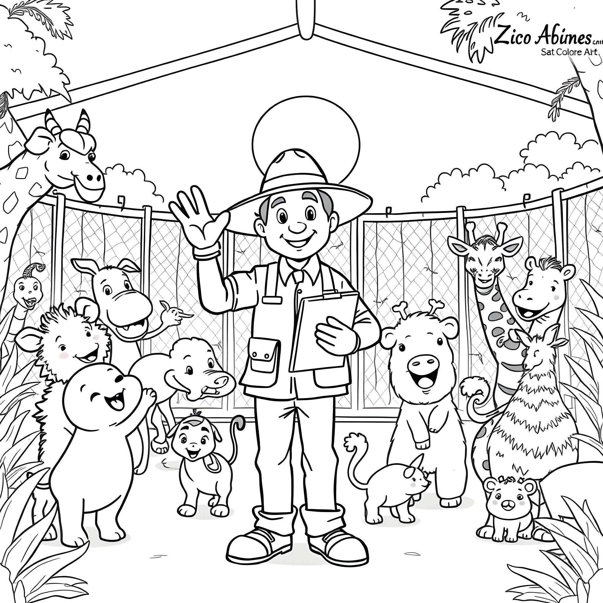 Zookeeper interacting with happy animals in the zoo Coloring Page (free black-and-white line drawing printable PDF for all, from beginners to advanced learners, including children, teens, adults, and seniors)