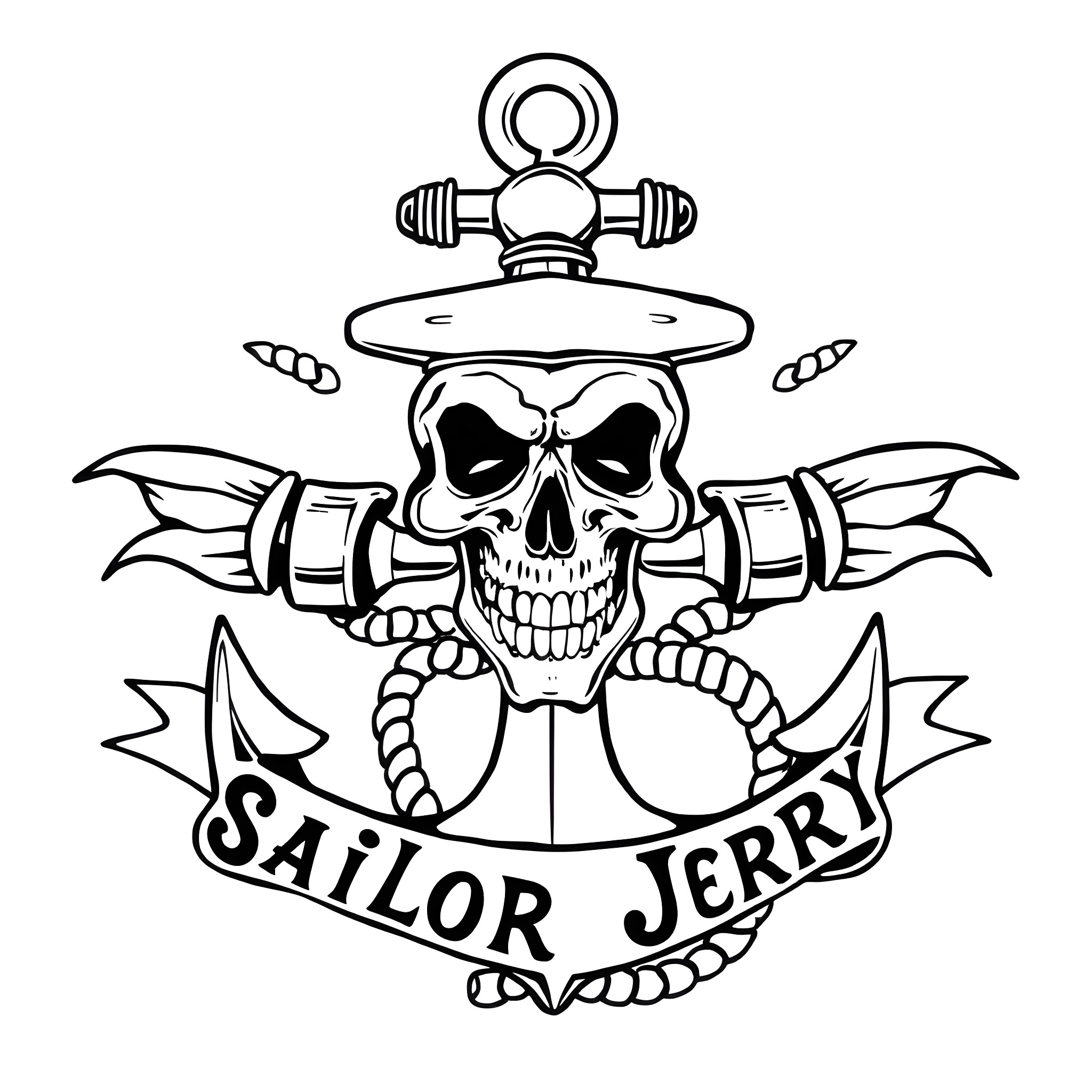 Sailor Jerry's Skull and Anchor Tattoo-Style Illustration Coloring Page (free black-and-white line drawing printable PDF for all, from beginners to advanced learners, including children, teens, adults, and seniors)