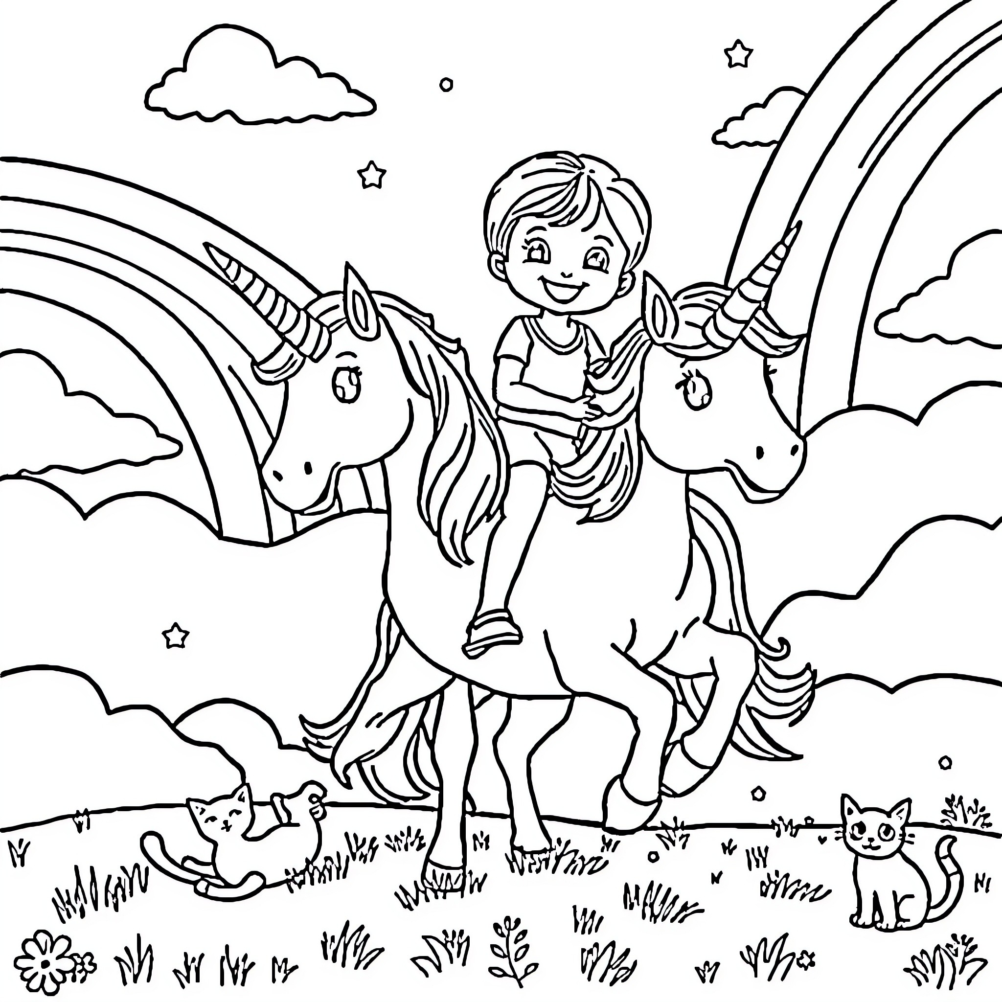 Unicorn Riding Adventure with Joy and Imagination Coloring Page (free black-and-white line drawing printable PDF for all, from beginners to advanced learners, including children, teens, adults, and seniors)