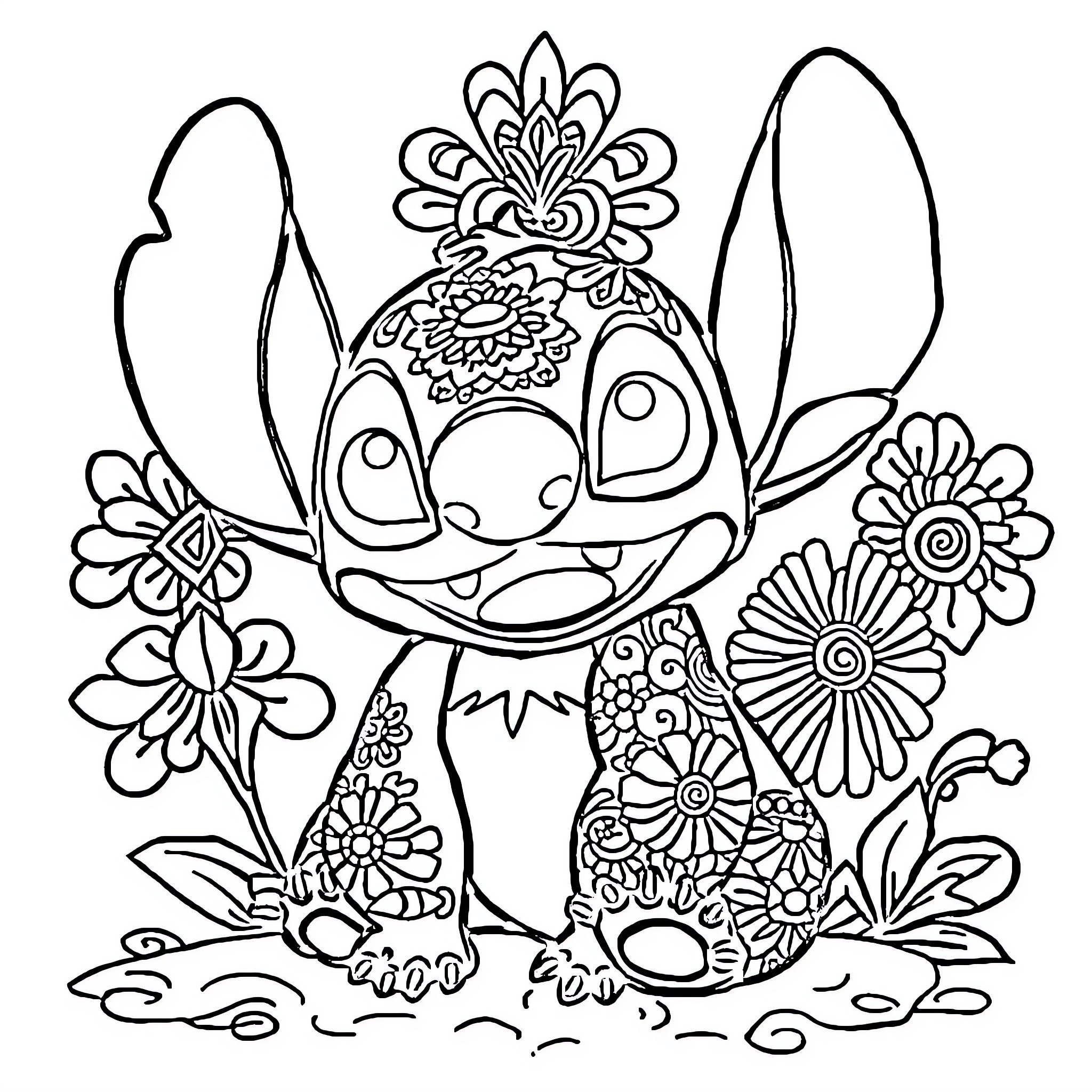Stitch amidst colorful floral display Coloring Page (free black-and-white line drawing printable PDF for all, from beginners to advanced learners, including children, teens, adults, and seniors)