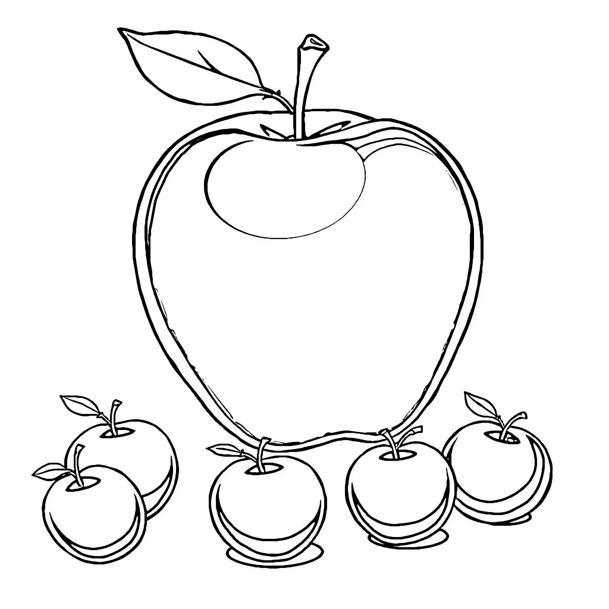 Apple Illustration with Stylized Apples Coloring Page (free black-and-white line drawing printable PDF for all, from beginners to advanced learners, including children, teens, adults, and seniors)