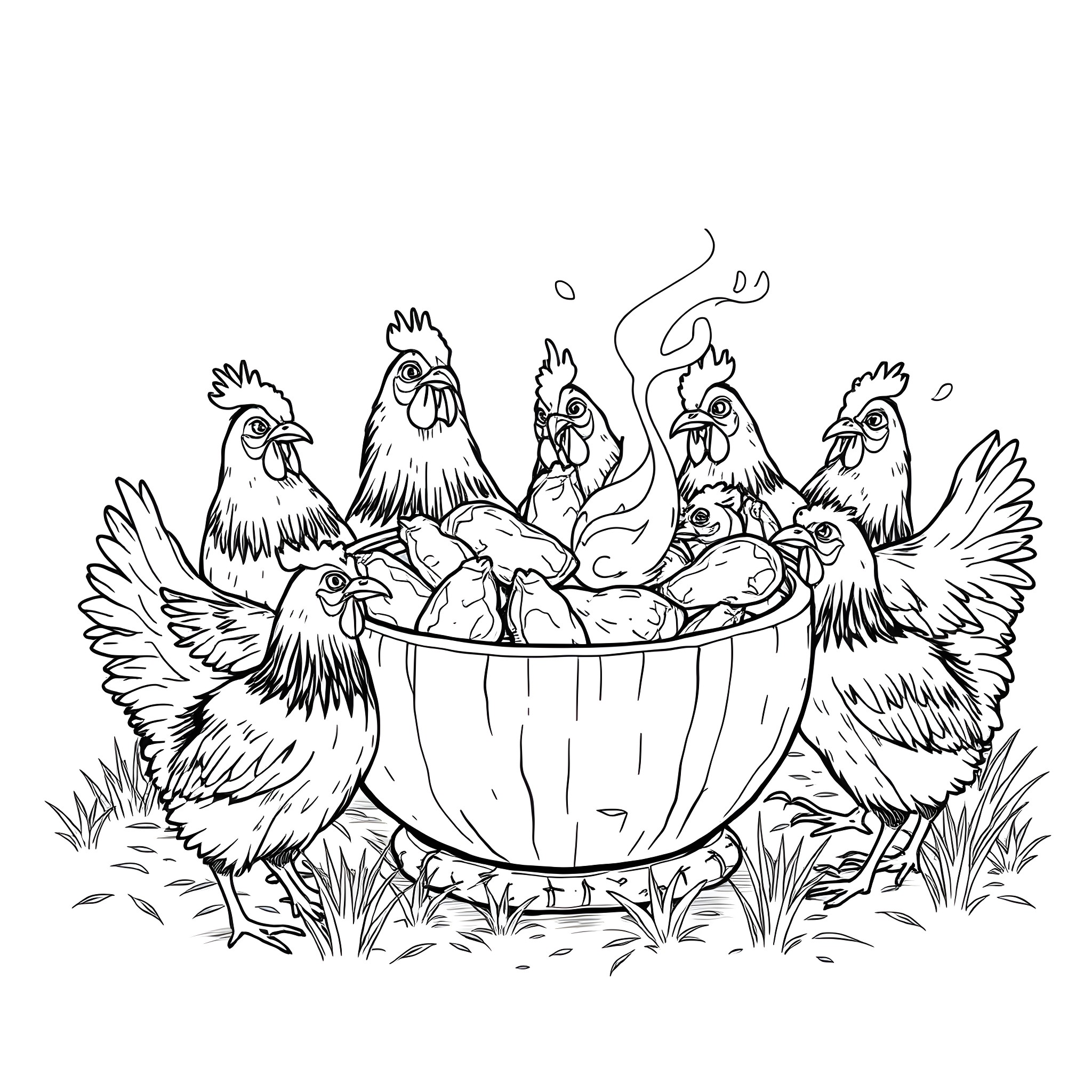 Chickens gathering around a bowl of food Coloring Page (free black-and-white line drawing printable PDF for all, from beginners to advanced learners, including children, teens, adults, and seniors)