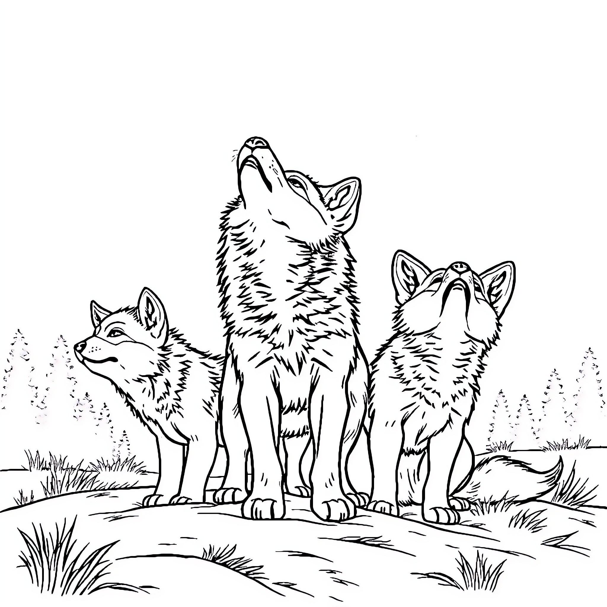 Wolf Pack Howling in the Forest Coloring Page (free black-and-white line drawing printable PDF for all, from beginners to advanced learners, including children, teens, adults, and seniors)
