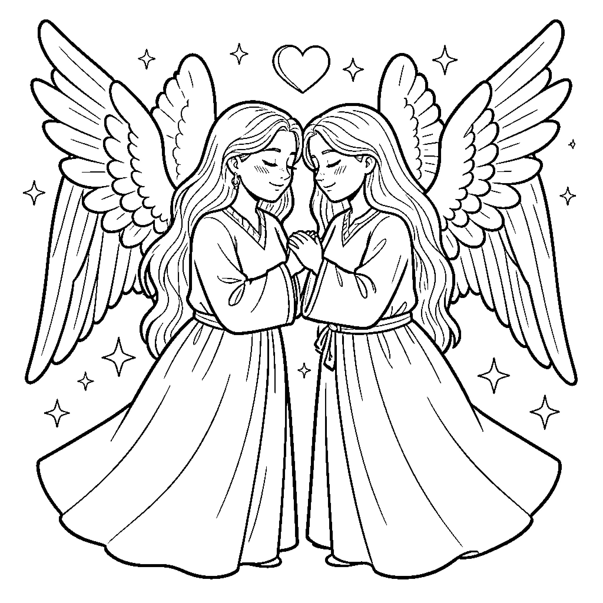 Love and Angels holding hands with peaceful expressions Coloring Page (free black-and-white line drawing printable PDF for all, from beginners to advanced learners, including children, teens, adults, and seniors)