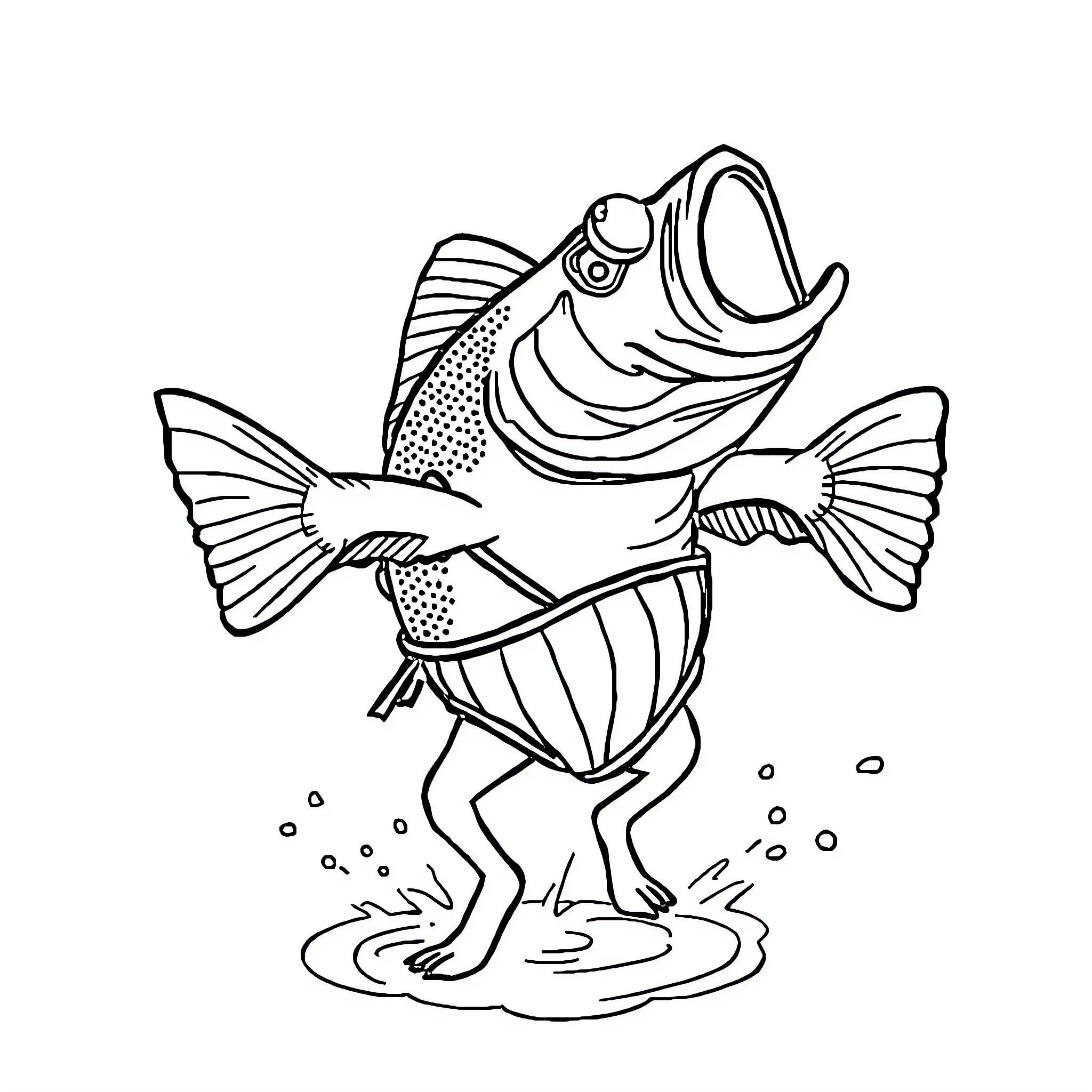 Bass fish jumping out of water Coloring Page (free black-and-white line drawing printable PDF for all, from beginners to advanced learners, including children, teens, adults, and seniors)