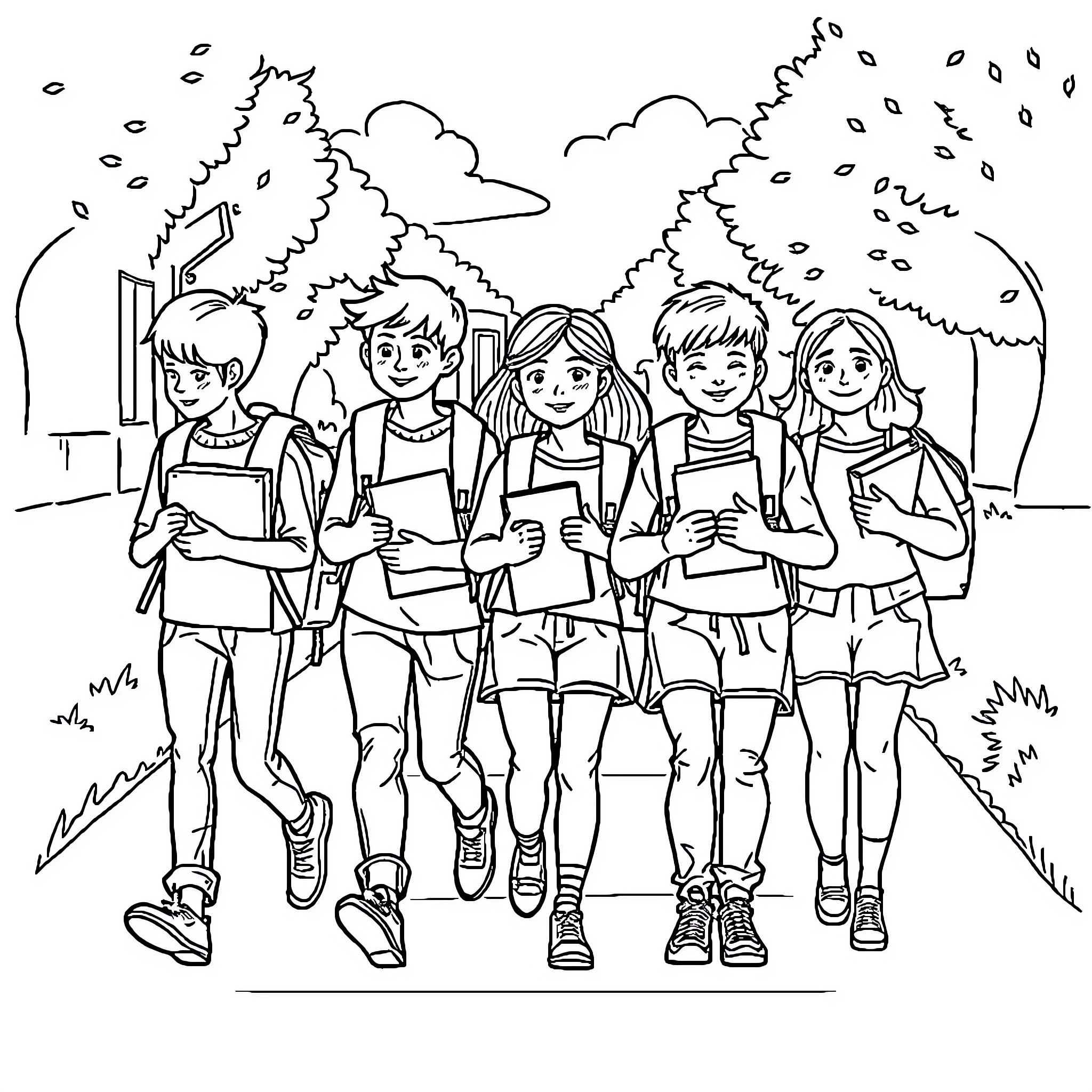 School children walking together on a nature path Coloring Page (free black-and-white line drawing printable PDF for all, from beginners to advanced learners, including children, teens, adults, and seniors)