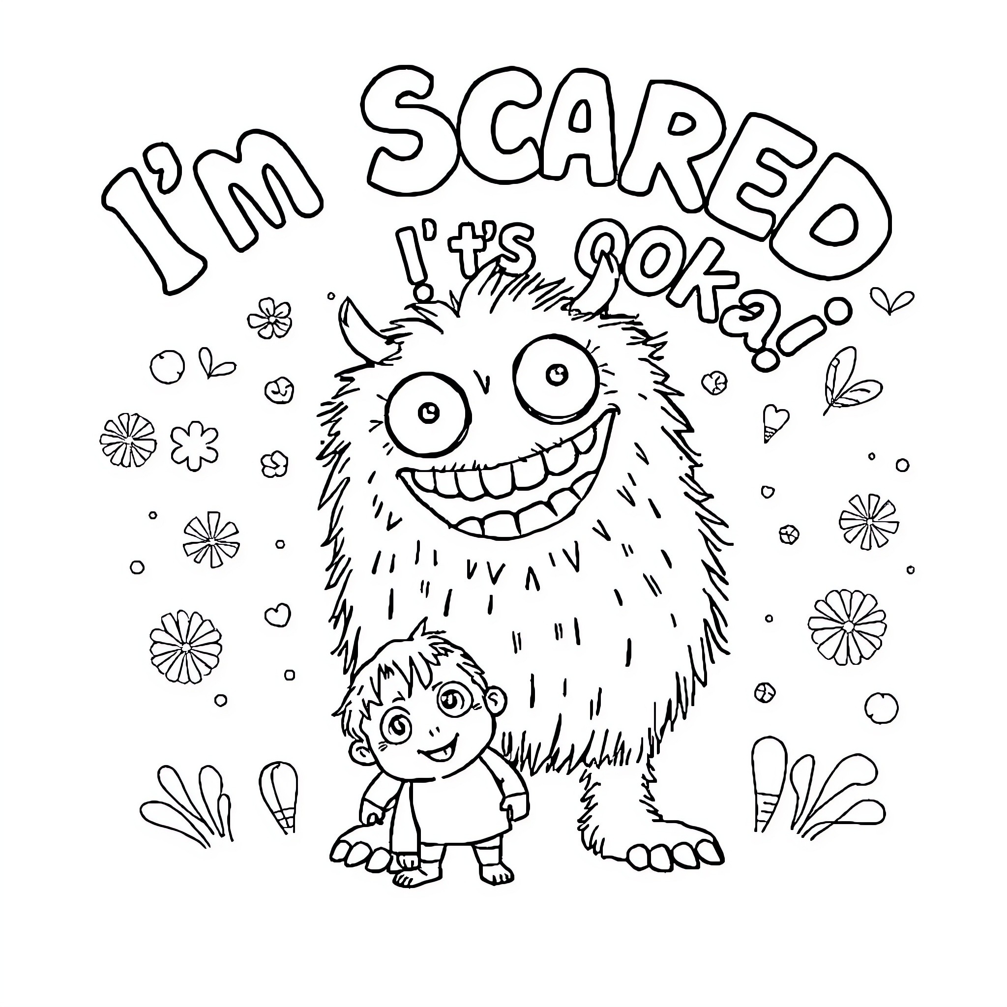 Monster Sharing Smiles and Fun Coloring Page (free black-and-white line drawing printable PDF for all, from beginners to advanced learners, including children, teens, adults, and seniors)