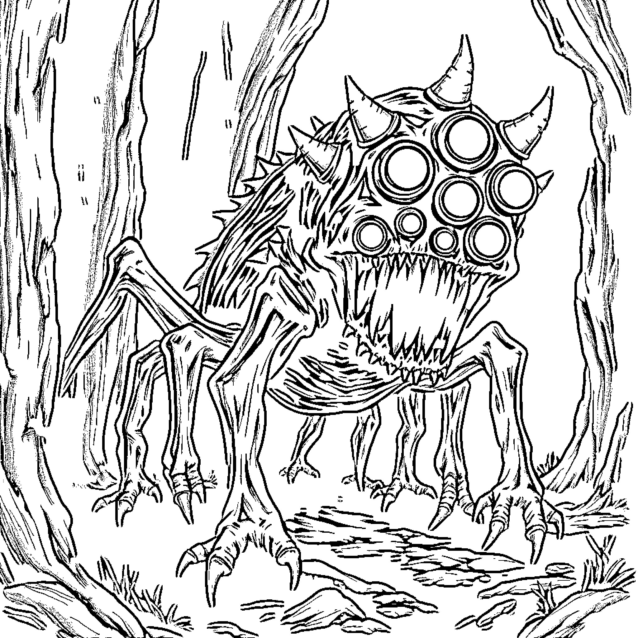 Monster with spikes and eyeballs in a dark forest Coloring Page (free black-and-white line drawing printable PDF for all, from beginners to advanced learners, including children, teens, adults, and seniors)
