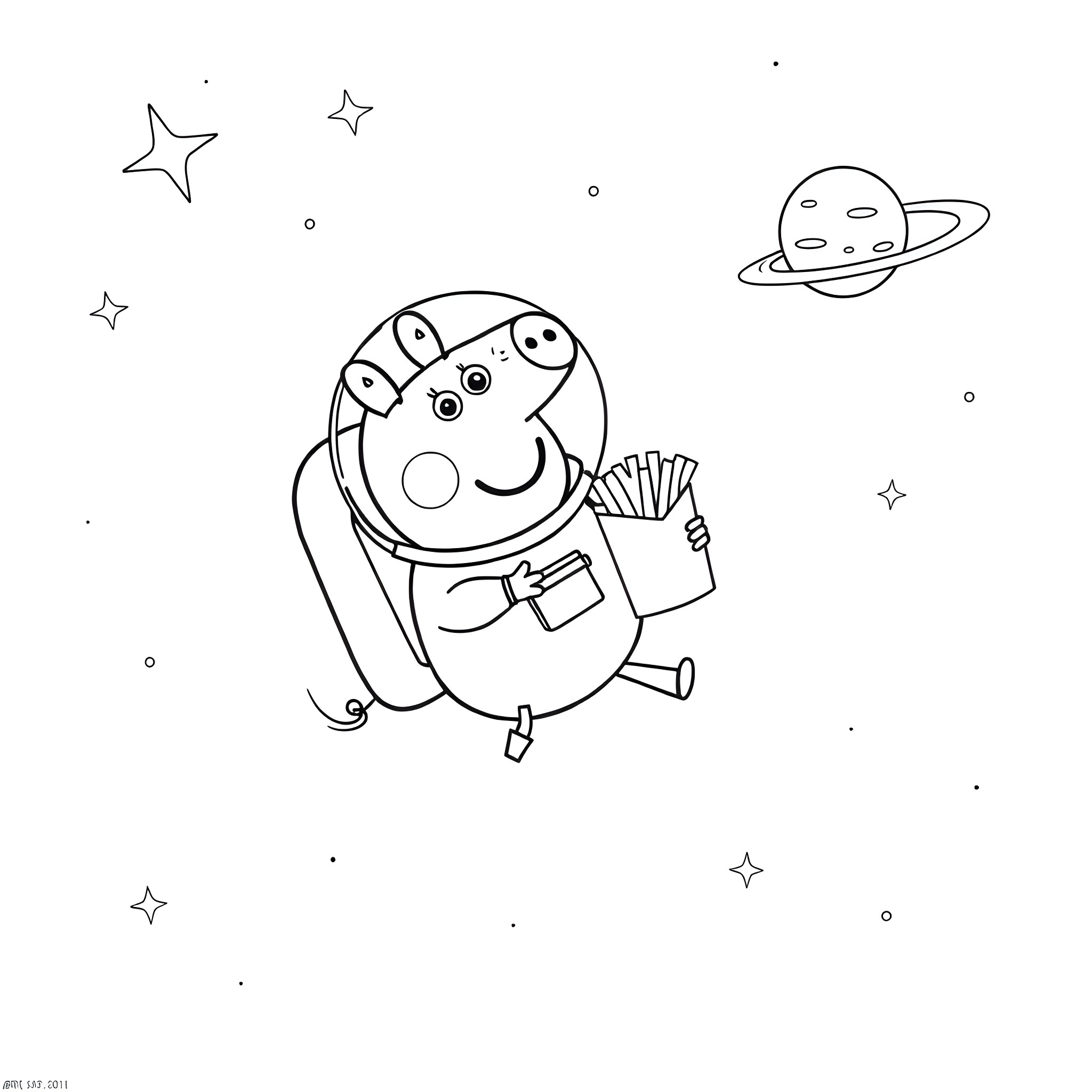 Peppa Pig exploring the cosmos with snacks Coloring Page (free black-and-white line drawing printable PDF for all, from beginners to advanced learners, including children, teens, adults, and seniors)
