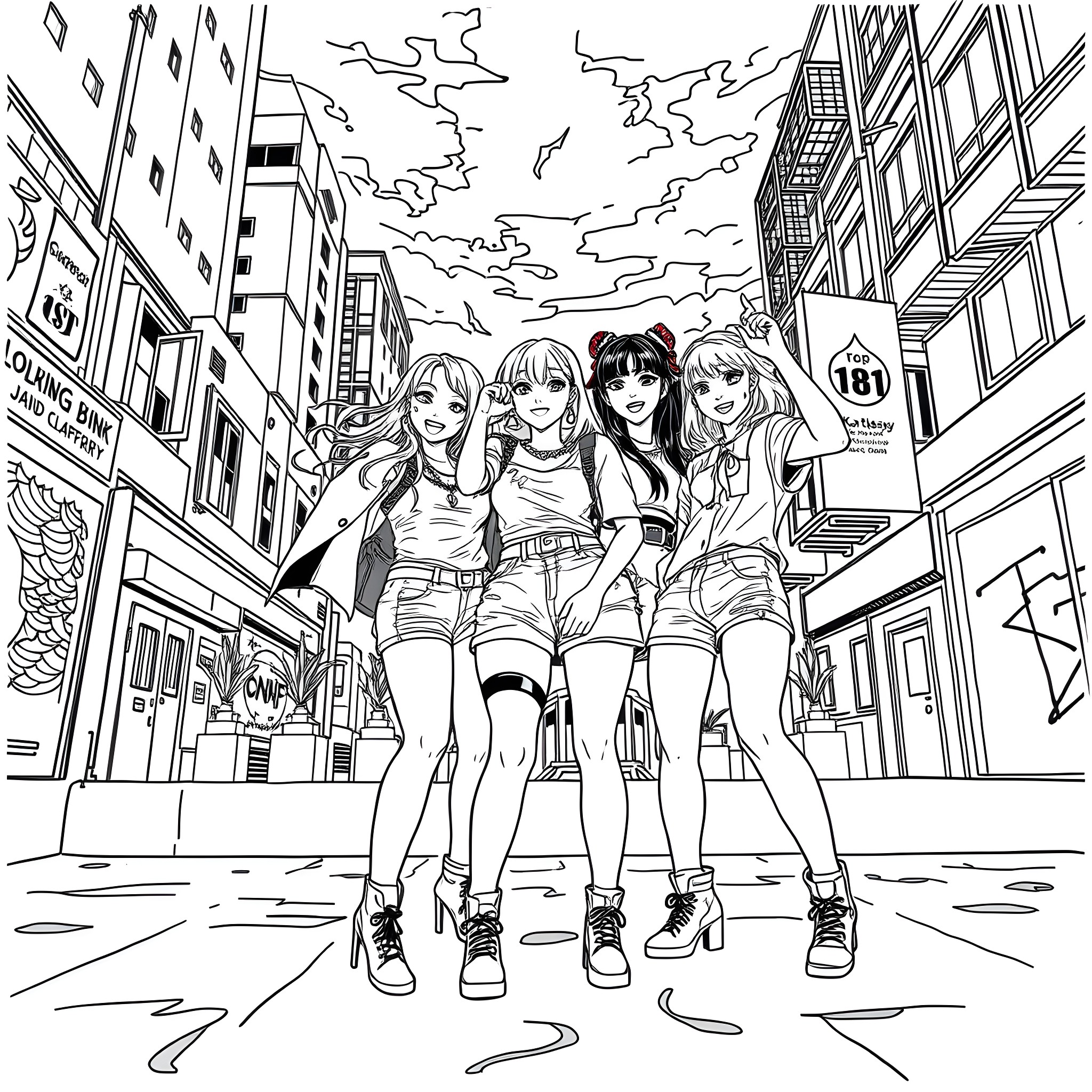 Katseye Group in the City Coloring Page (free black-and-white line drawing printable PDF for all, from beginners to advanced learners, including children, teens, adults, and seniors)