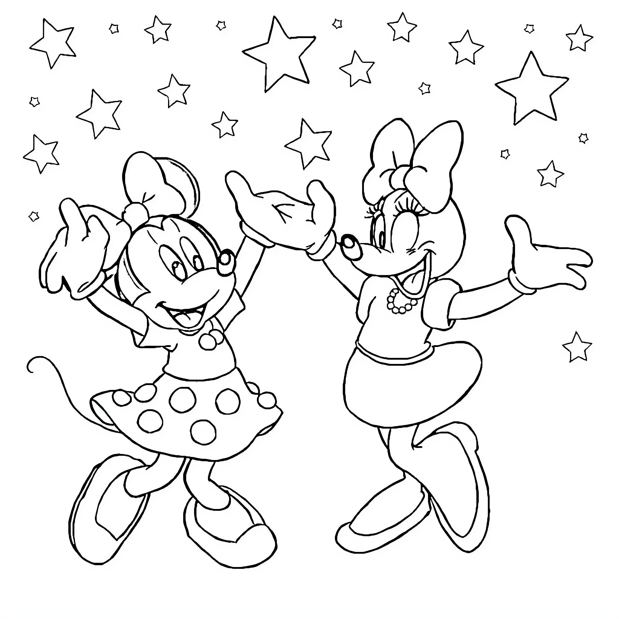 Minnie and her friend celebrate with stars Coloring Page (free black-and-white line drawing printable PDF for all, from beginners to advanced learners, including children, teens, adults, and seniors)