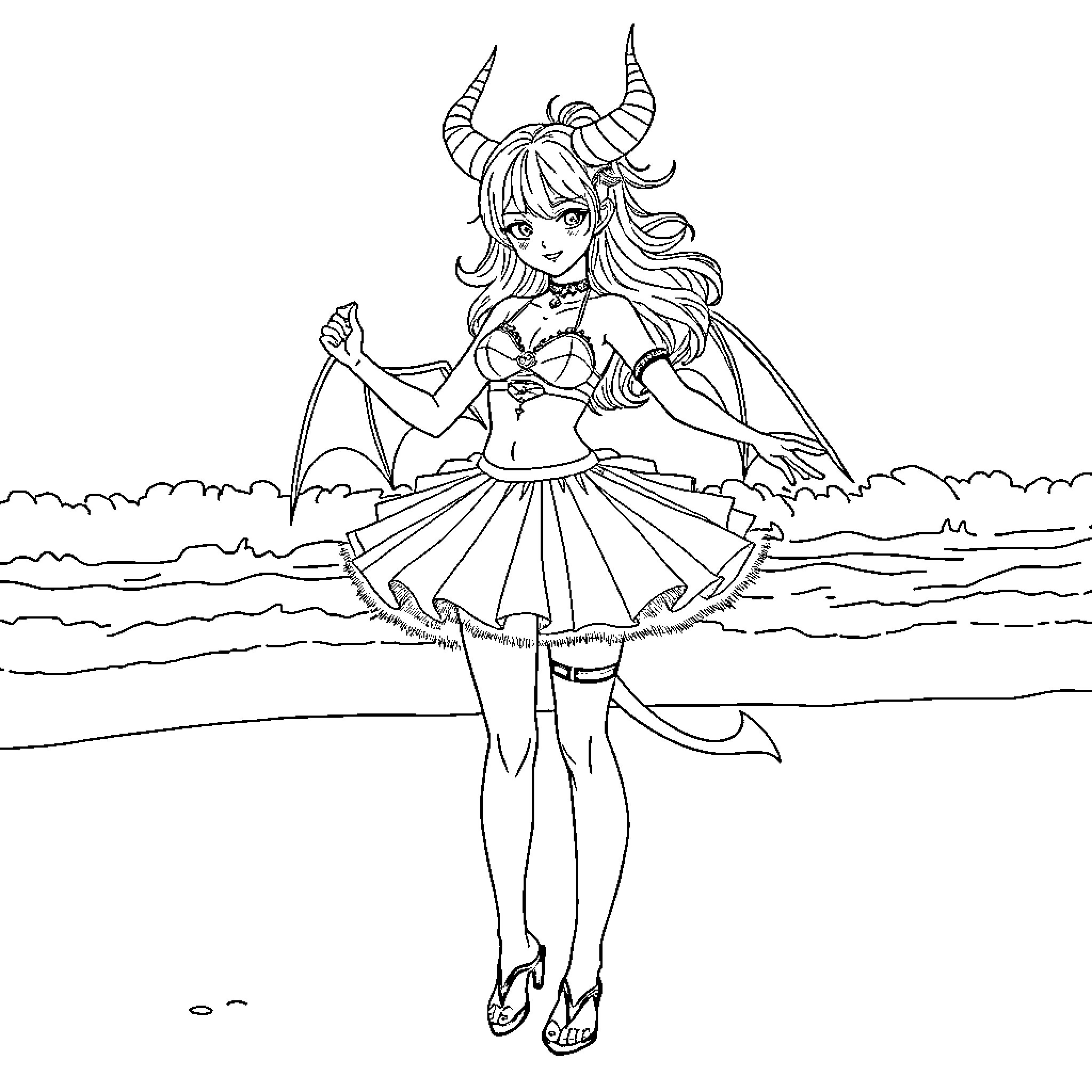 Demon Hunter Maiden Stands Defiantly in Fantastical Pose Coloring Page (free black-and-white line drawing printable PDF for all, from beginners to advanced learners, including children, teens, adults, and seniors)