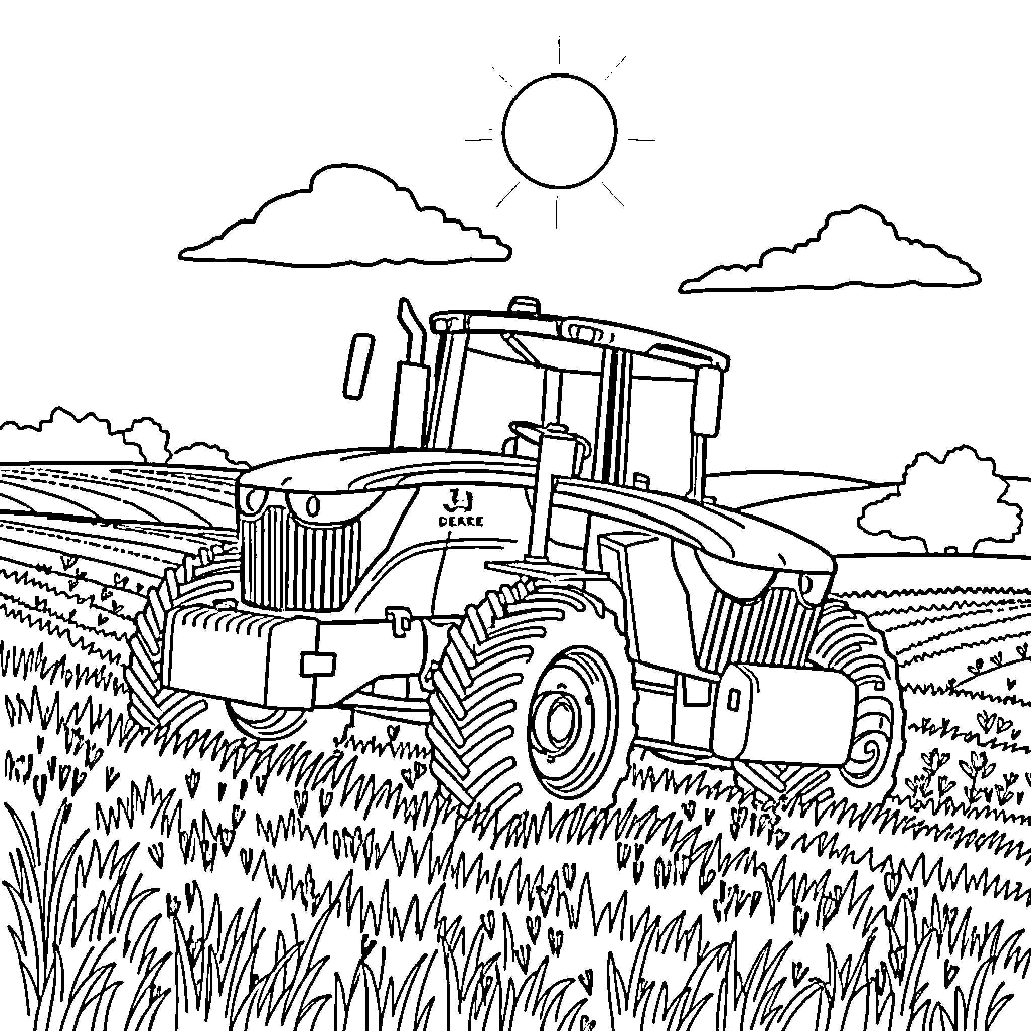 John Deere Tractor Plowing through Countryside Coloring Page (free black-and-white line drawing printable PDF for all, from beginners to advanced learners, including children, teens, adults, and seniors)