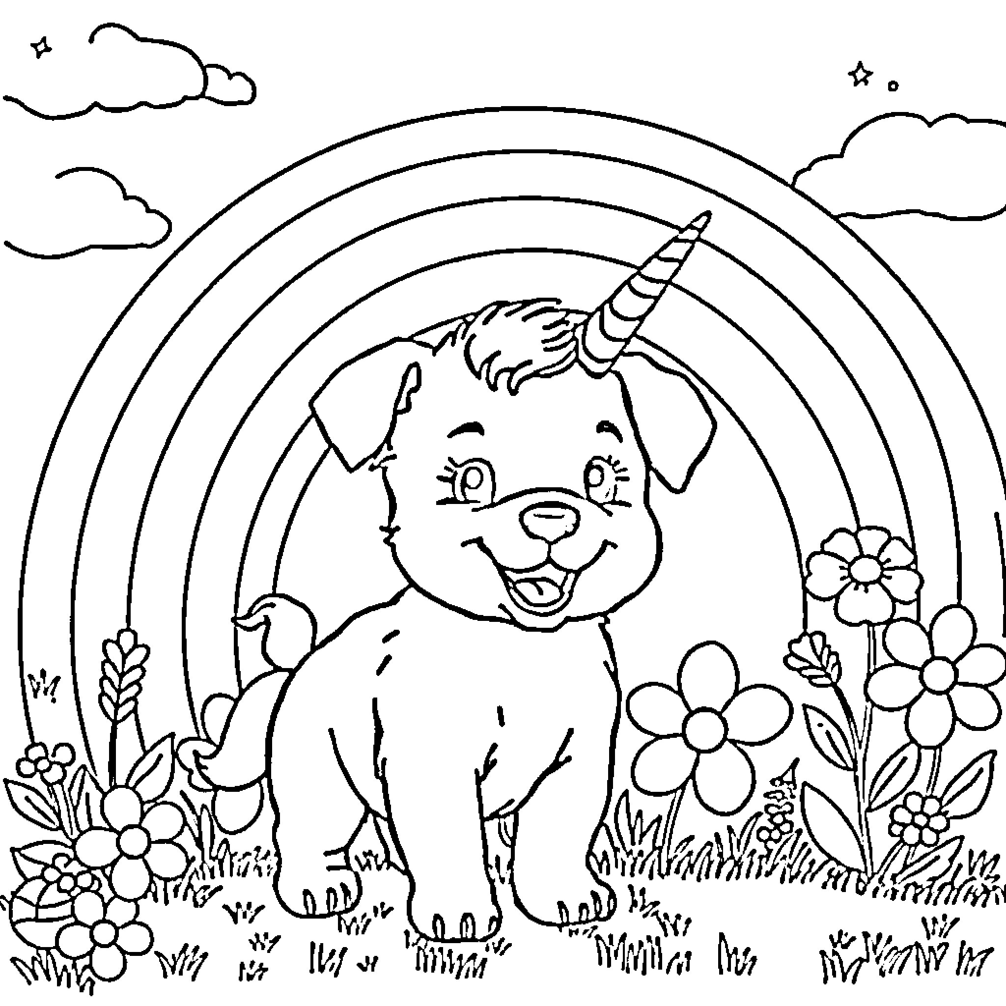 Puppy playing in a flower-filled field with a rainbow Coloring Page (free black-and-white line drawing printable PDF for all, from beginners to advanced learners, including children, teens, adults, and seniors)