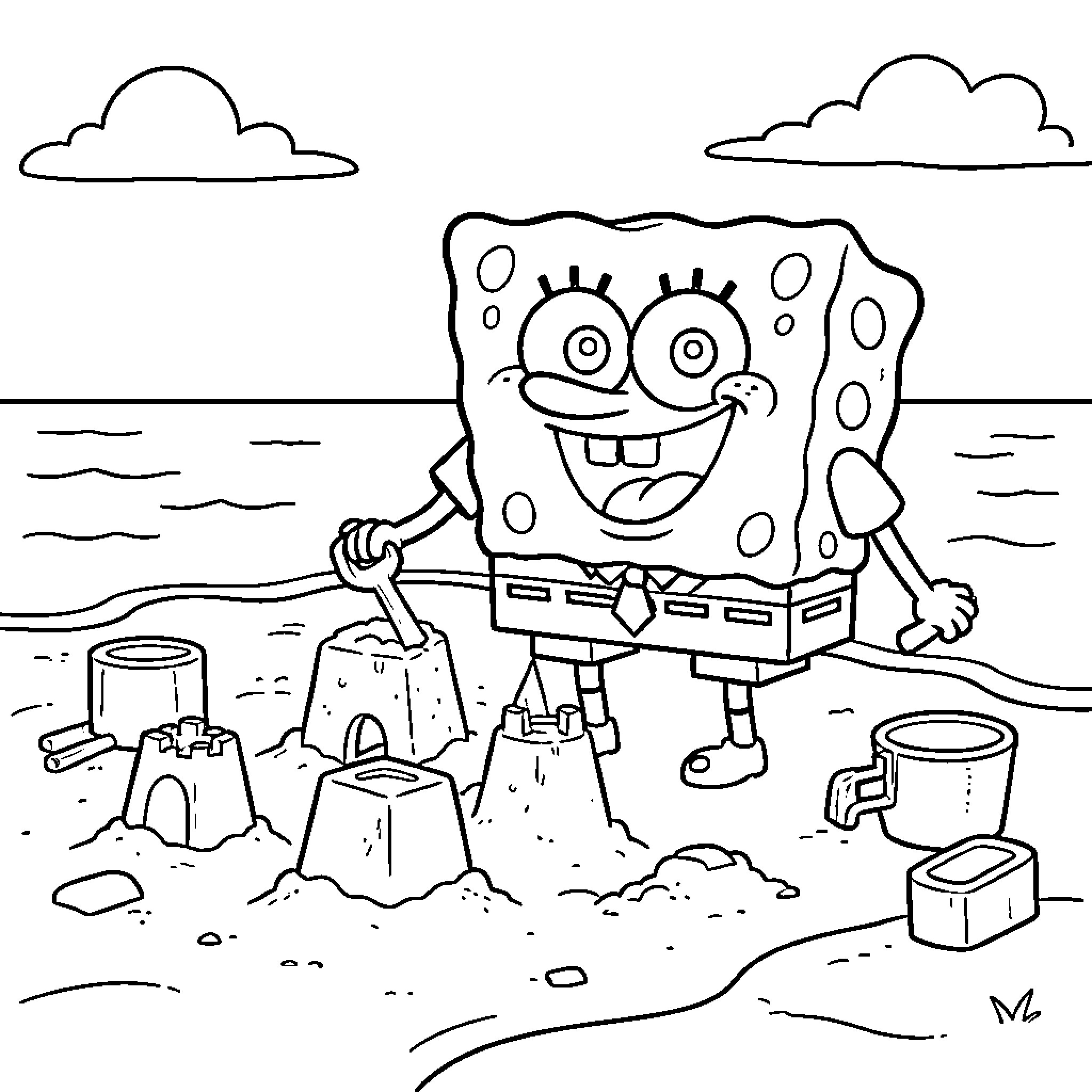 Spongebob building sandcastles happily on the beach Coloring Page (free black-and-white line drawing printable PDF for all, from beginners to advanced learners, including children, teens, adults, and seniors)