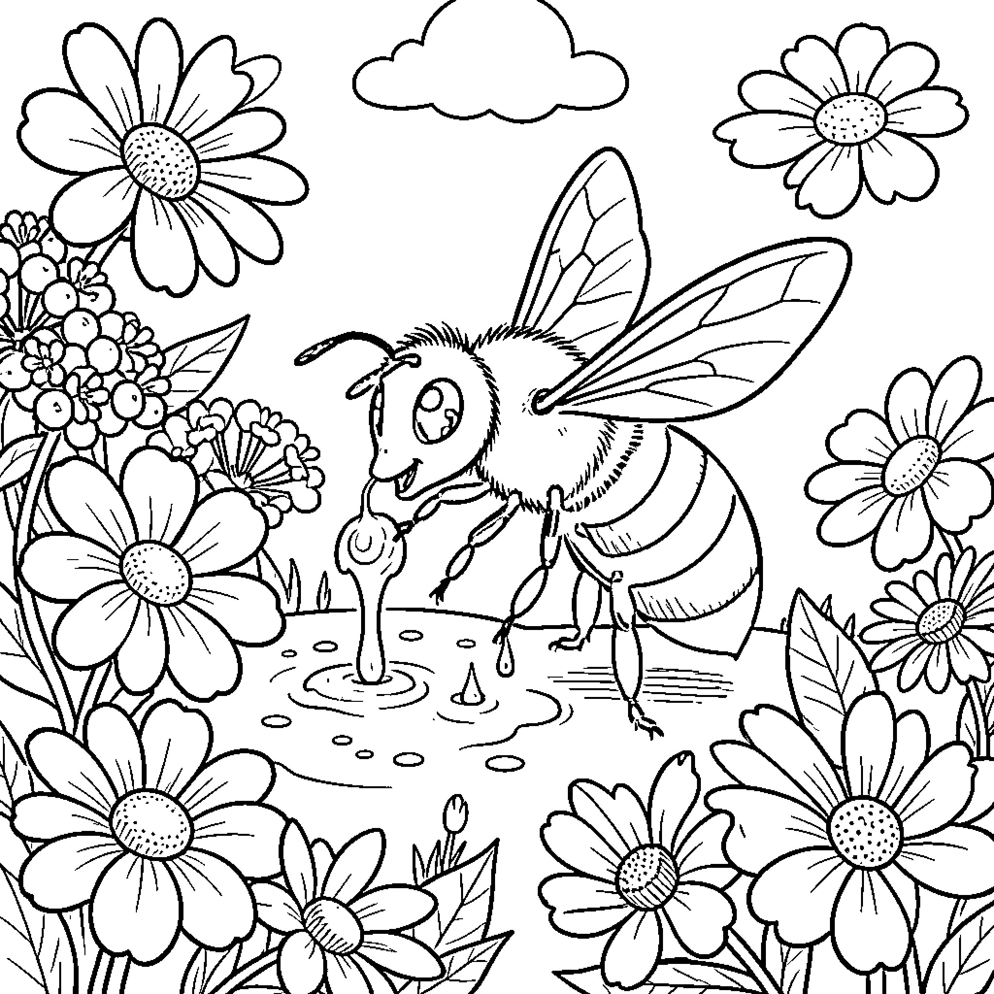Bee gathering nectar from flowers in a garden Coloring Page (free black-and-white line drawing printable PDF for all, from beginners to advanced learners, including children, teens, adults, and seniors)