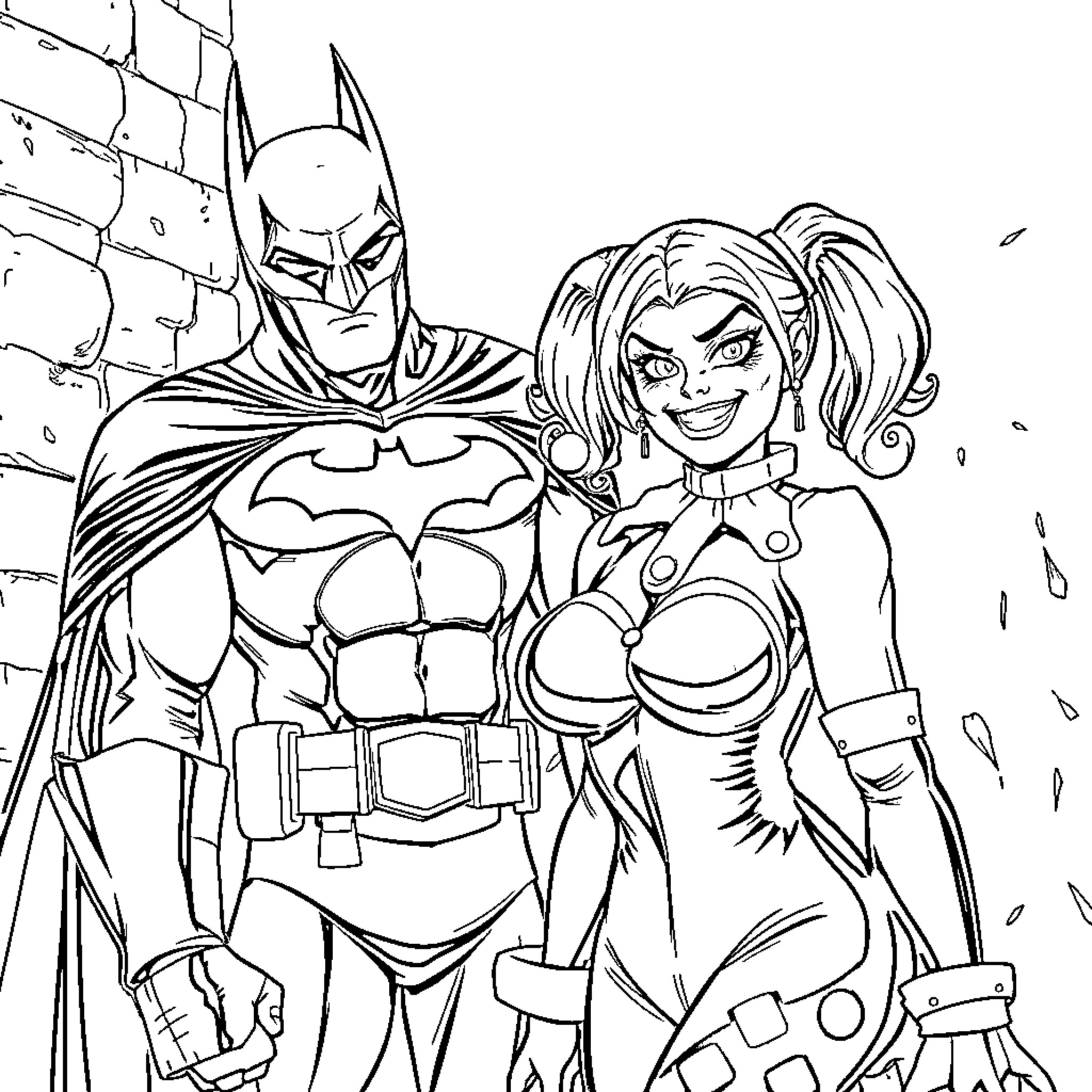 Harley Quinn and Batman in Heroic Pose Coloring Page (free black-and-white line drawing printable PDF for all, from beginners to advanced learners, including children, teens, adults, and seniors)