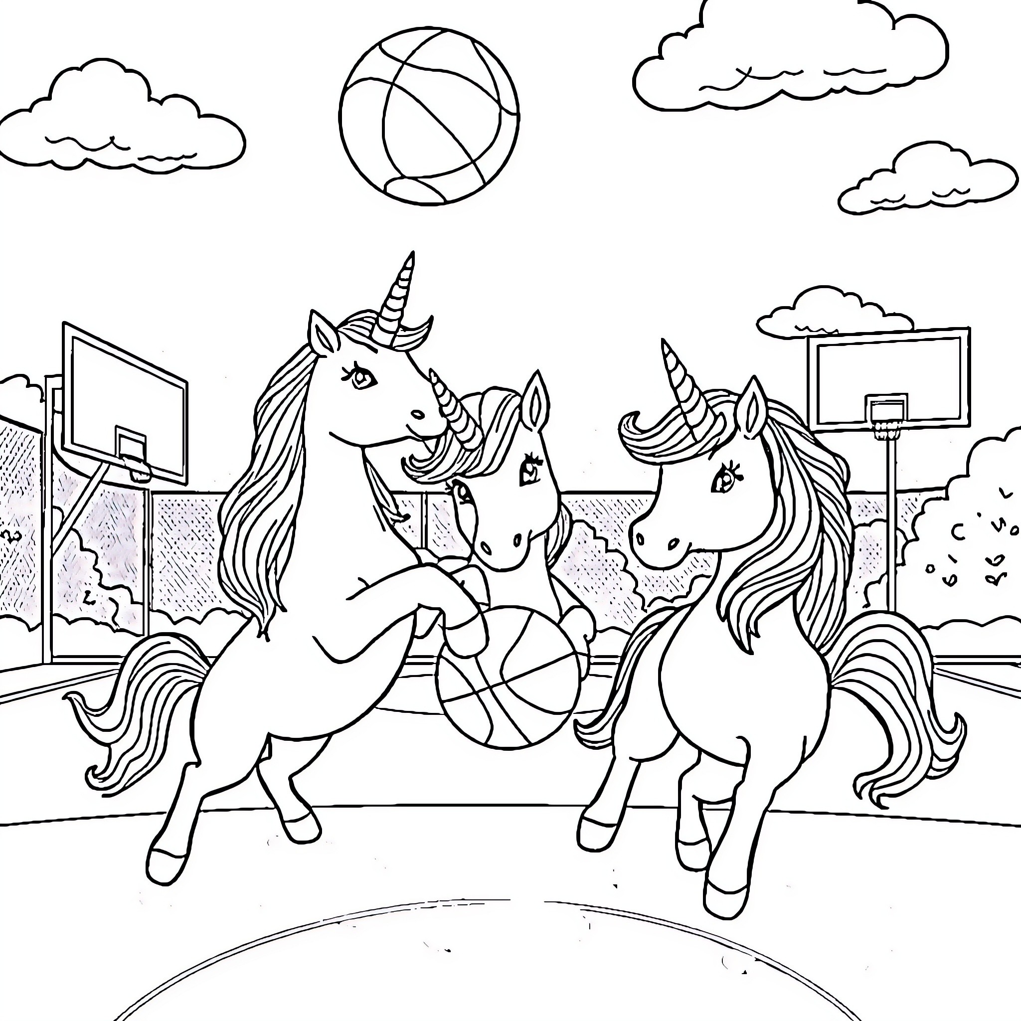 Unicorn Unicorns Playing Basketball on Court Coloring Page (free black-and-white line drawing printable PDF for all, from beginners to advanced learners, including children, teens, adults, and seniors)