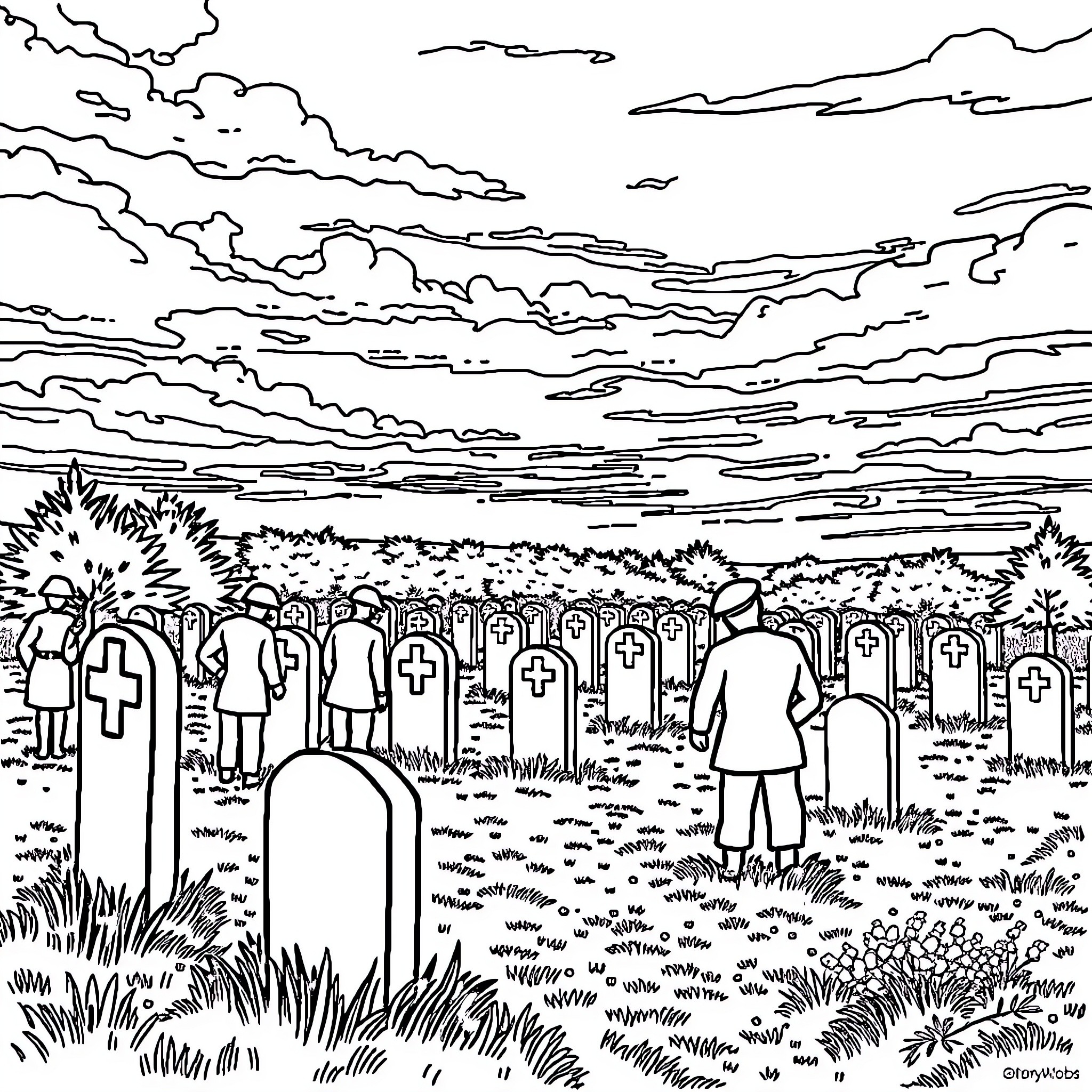 Vimy Ridge Memorial: A solemn scene of remembrance Coloring Page (free black-and-white line drawing printable PDF for all, from beginners to advanced learners, including children, teens, adults, and seniors)