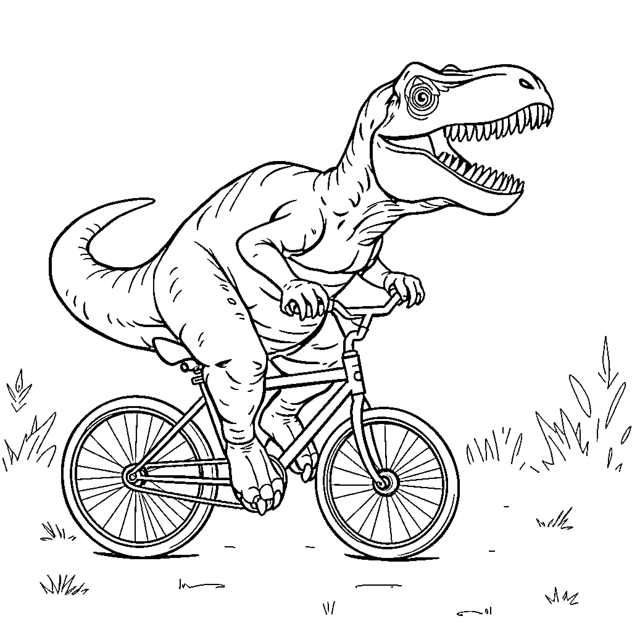 T-Rex riding a bicycle in the wild Coloring Page (free black-and-white line drawing printable PDF for all, from beginners to advanced learners, including children, teens, adults, and seniors)