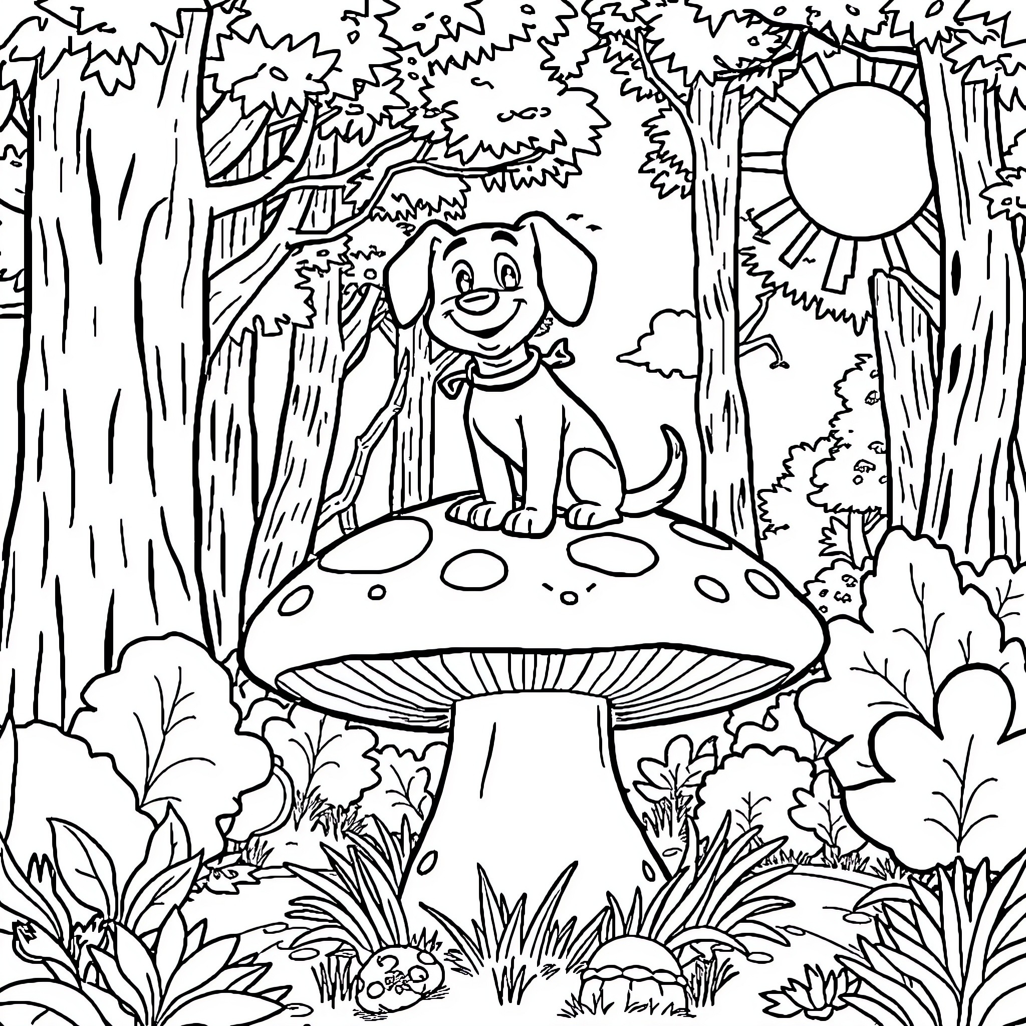 Jake's Magical Mushroom Adventure in the Forest Coloring Page (free black-and-white line drawing printable PDF for all, from beginners to advanced learners, including children, teens, adults, and seniors)