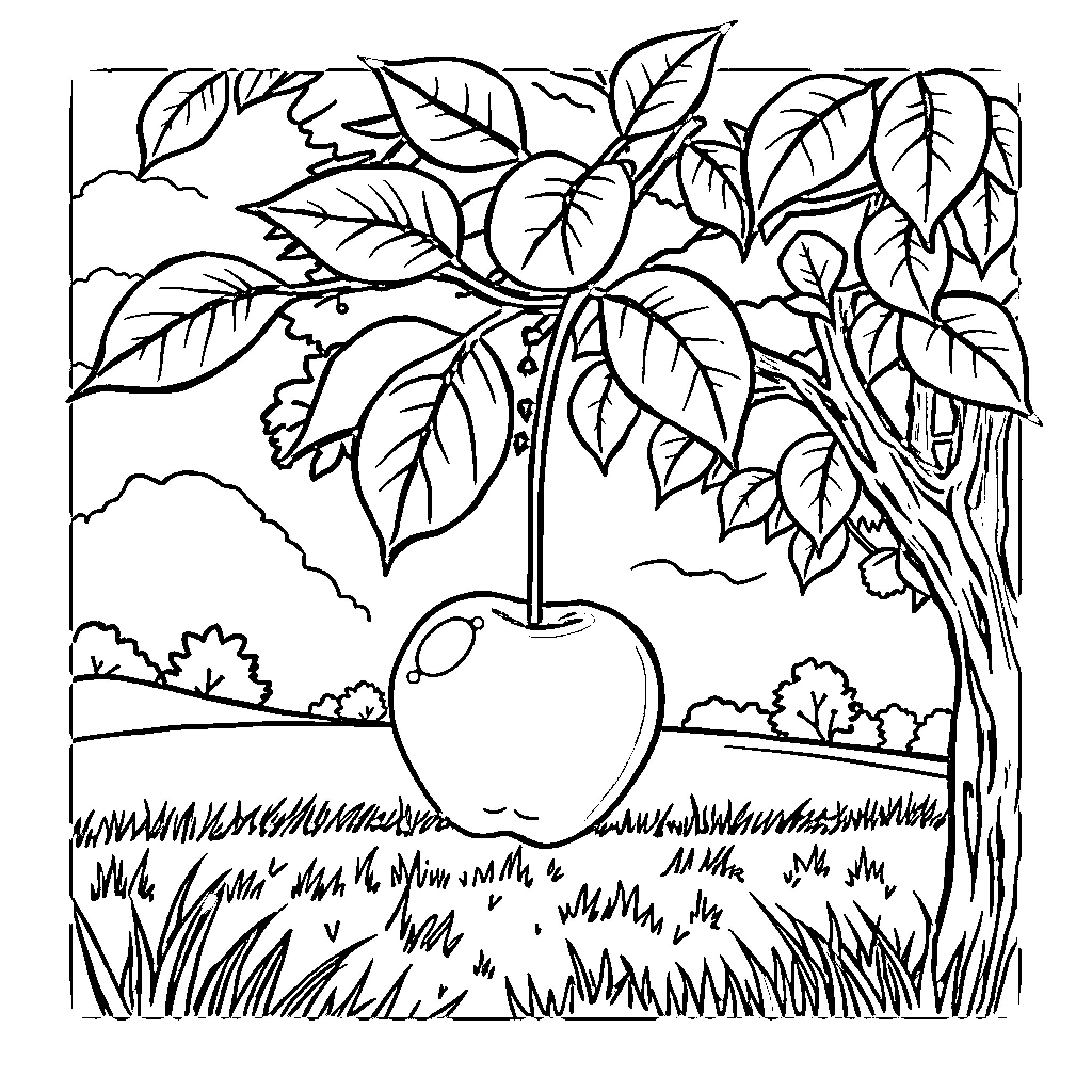 Apple tree in lush landscape Coloring Page (free black-and-white line drawing printable PDF for all, from beginners to advanced learners, including children, teens, adults, and seniors)