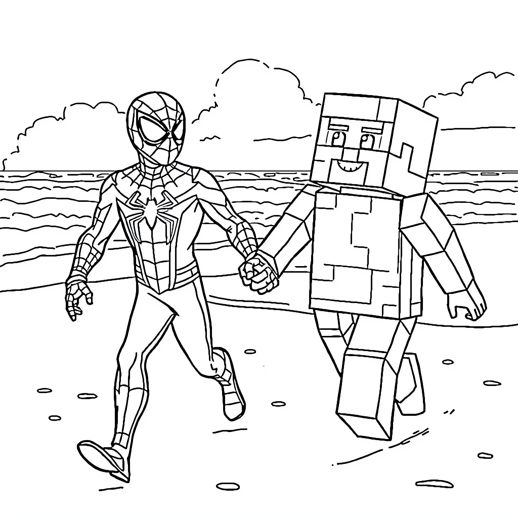 Spiderman and Minecraft character adventure on the beach Coloring Page (free black-and-white line drawing printable PDF for all, from beginners to advanced learners, including children, teens, adults, and seniors)