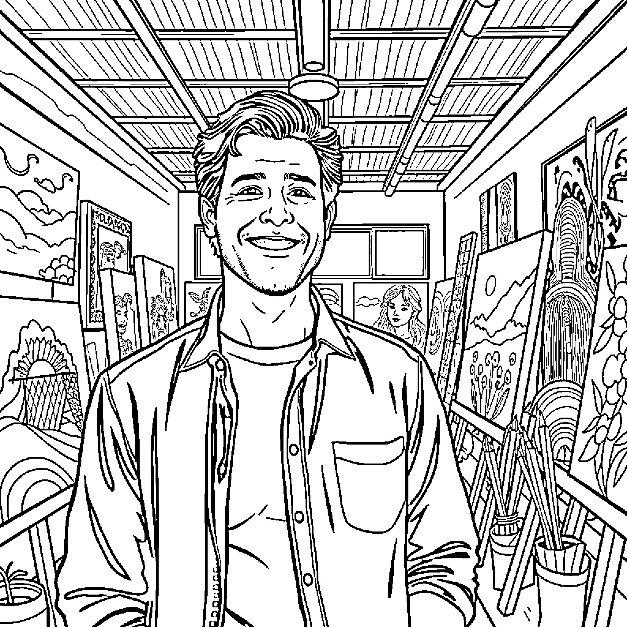 George Mijok in an artistic studio environment Coloring Page (free black-and-white line drawing printable PDF for all, from beginners to advanced learners, including children, teens, adults, and seniors)