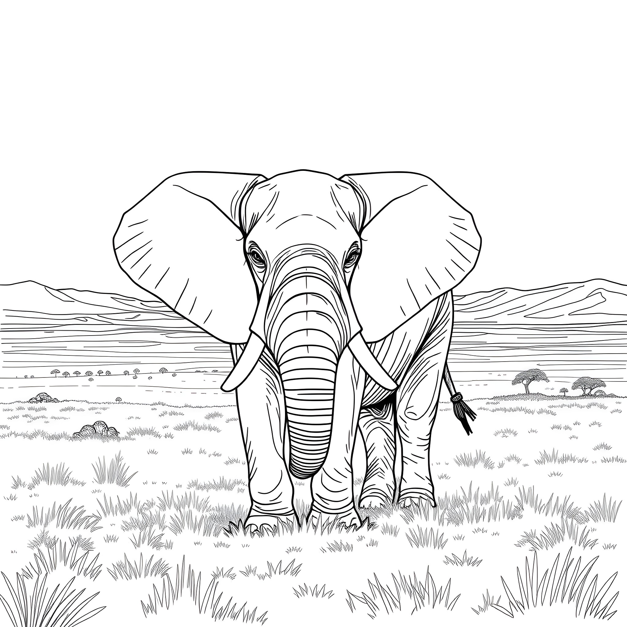 Elephant stands majestic in the wilderness Coloring Page (free black-and-white line drawing printable PDF for all, from beginners to advanced learners, including children, teens, adults, and seniors)