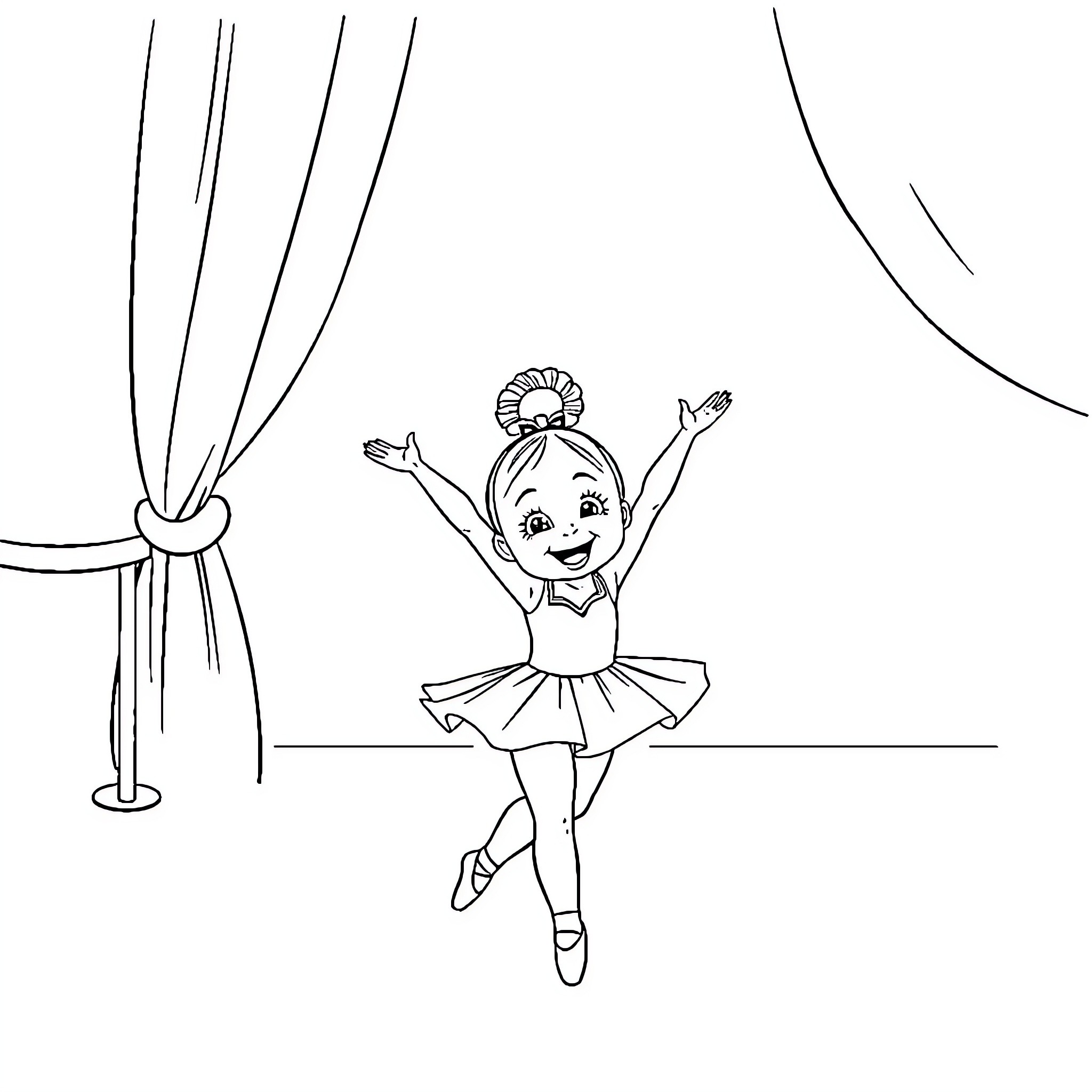 Ballerina performing graceful dance on stage Coloring Page (free black-and-white line drawing printable PDF for all, from beginners to advanced learners, including children, teens, adults, and seniors)