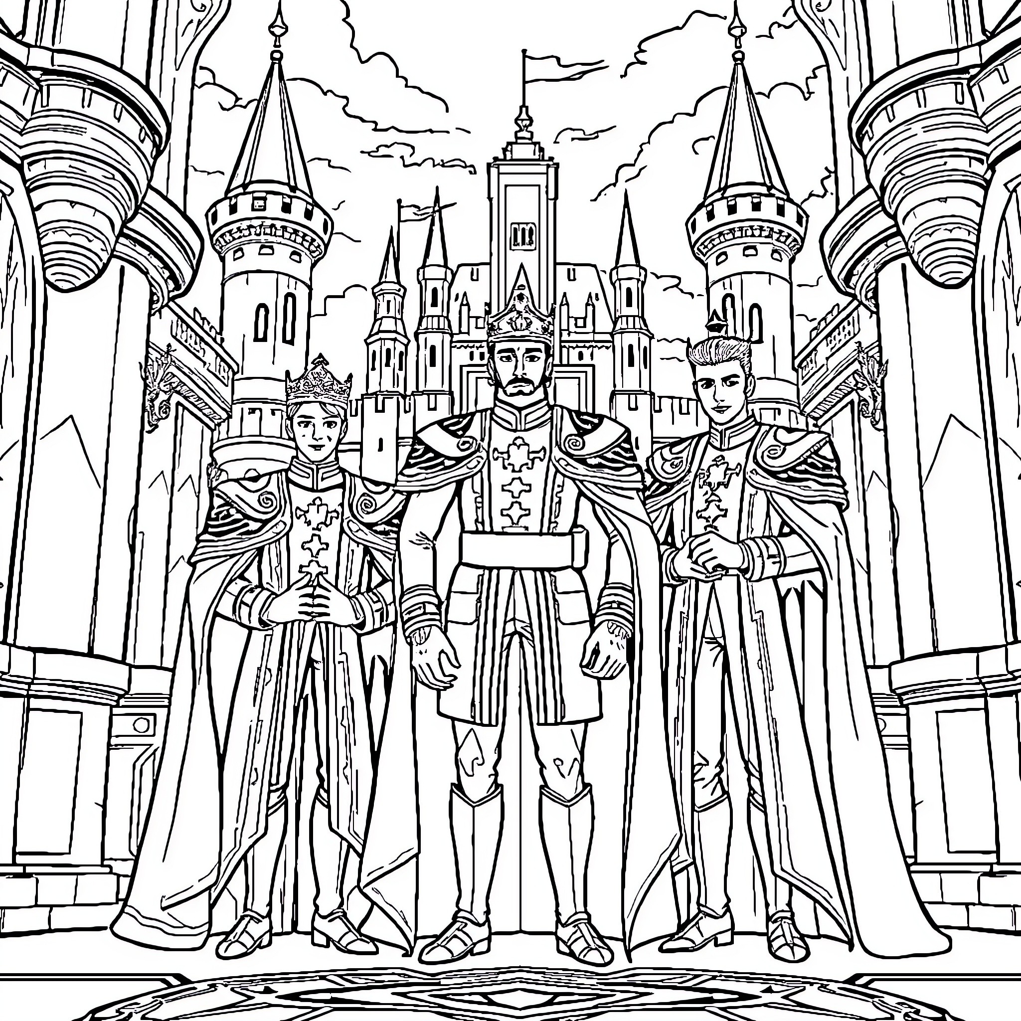 Prince and his royal guards in a majestic castle Coloring Page (free black-and-white line drawing printable PDF for all, from beginners to advanced learners, including children, teens, adults, and seniors)